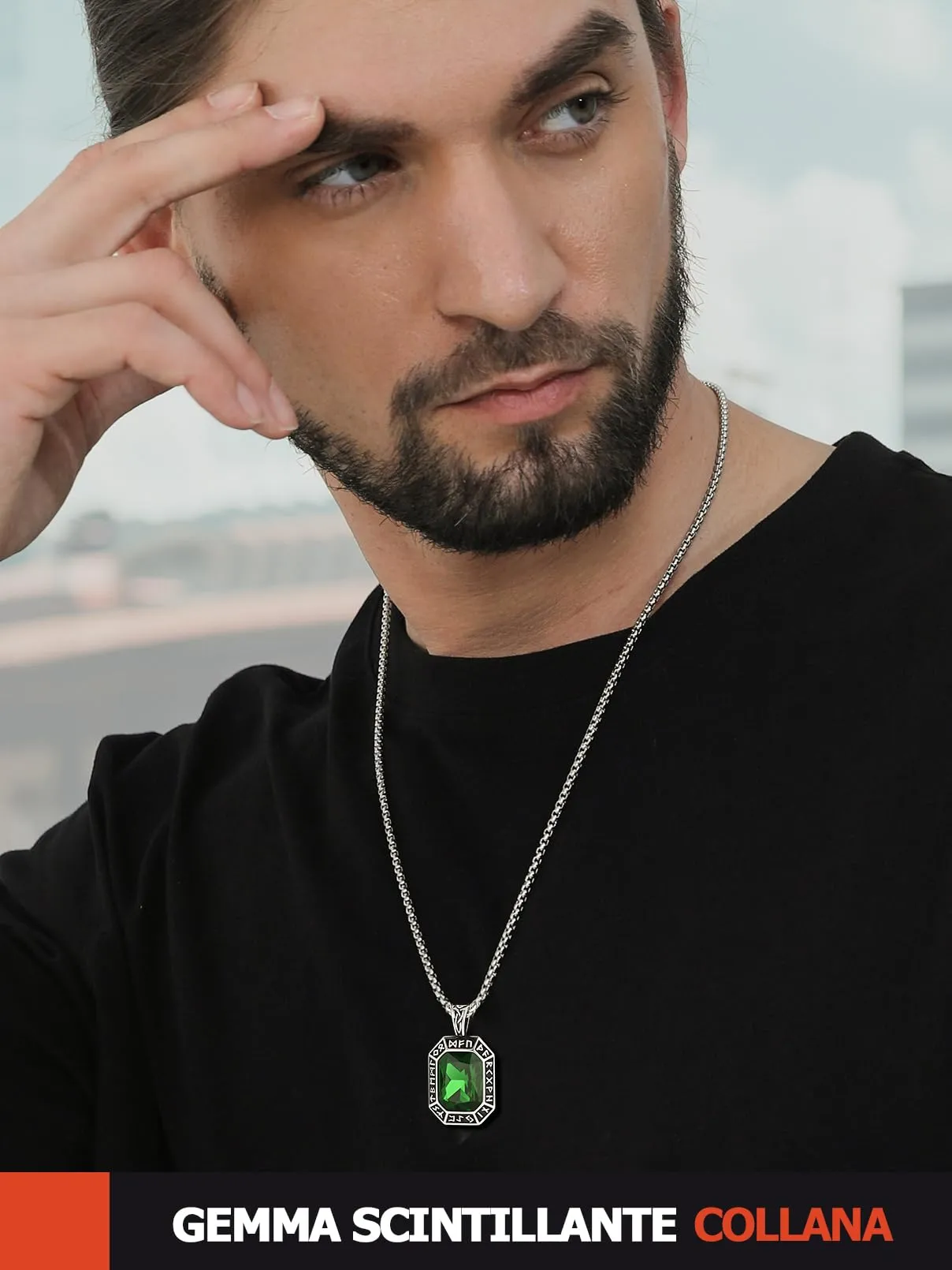 FaithHeart Collana Uomo Vichingo Pendentivo in Ottagono Cristallo Rosso Smeraldo Ossidiana con Rune Vichinghe Accessorio Moda Unico Perfetto per Regalo Stile Personale - immagine 2