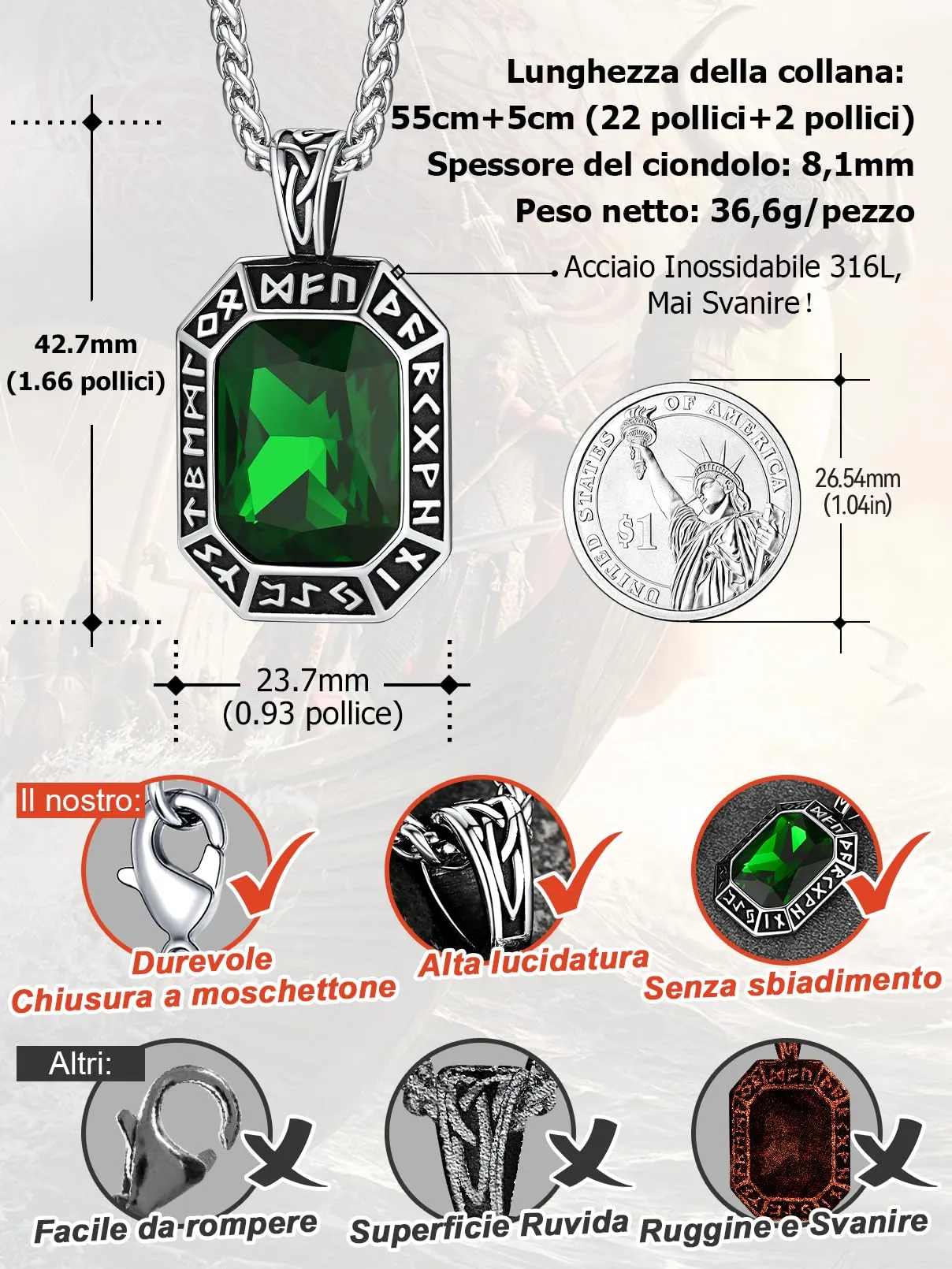 FaithHeart Collana Uomo Vichingo Pendentivo in Ottagono Cristallo Rosso Smeraldo Ossidiana con Rune Vichinghe Accessorio Moda Unico Perfetto per Regalo Stile Personale - immagine 3