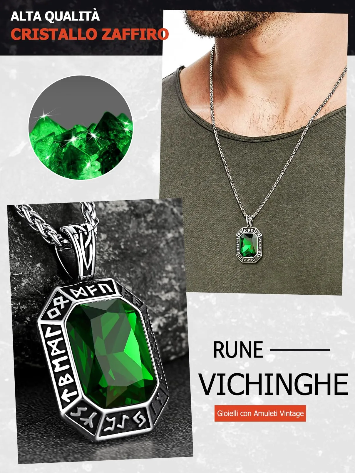 FaithHeart Collana Uomo Vichingo Pendentivo in Ottagono Cristallo Rosso Smeraldo Ossidiana con Rune Vichinghe Accessorio Moda Unico Perfetto per Regalo Stile Personale - immagine 4