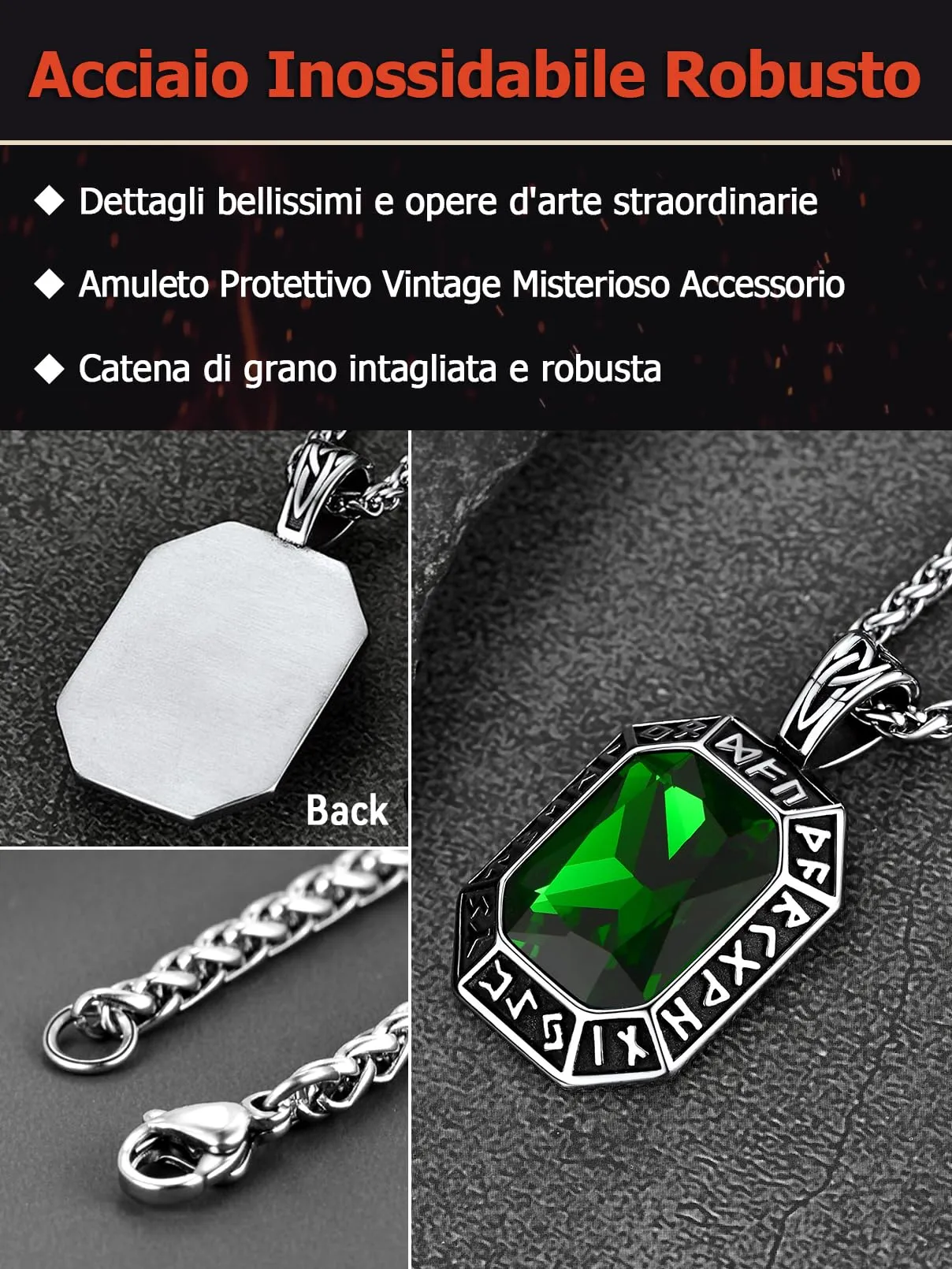 FaithHeart Collana Uomo Vichingo Pendentivo in Ottagono Cristallo Rosso Smeraldo Ossidiana con Rune Vichinghe Accessorio Moda Unico Perfetto per Regalo Stile Personale - immagine 7
