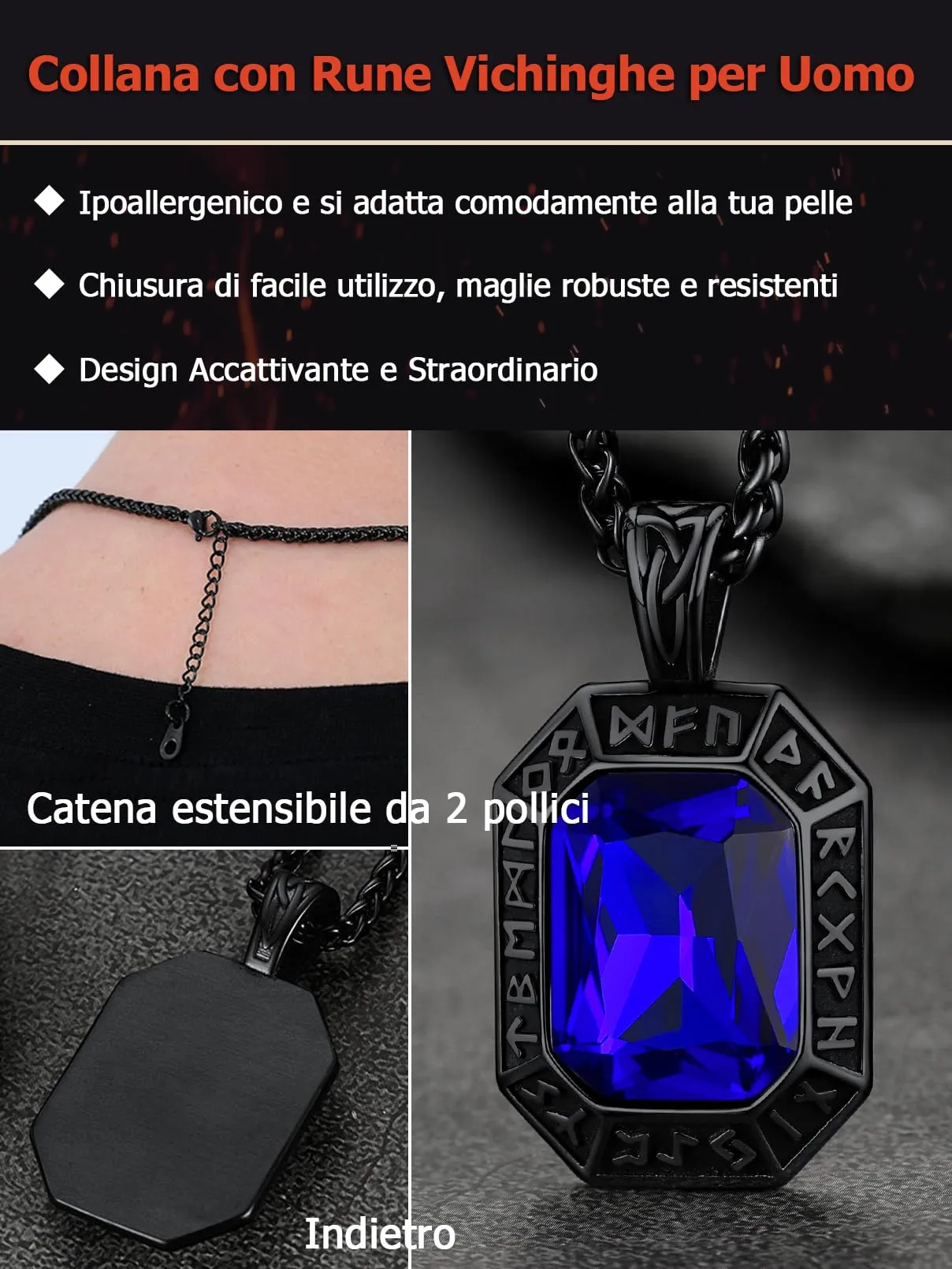 FaithHeart Collana Uomo Vichingo Pendentivo in Ottagono Cristallo Rosso Smeraldo Ossidiana con Rune Vichinghe Accessorio Moda Unico Perfetto per Regalo Stile Personale - immagine 3