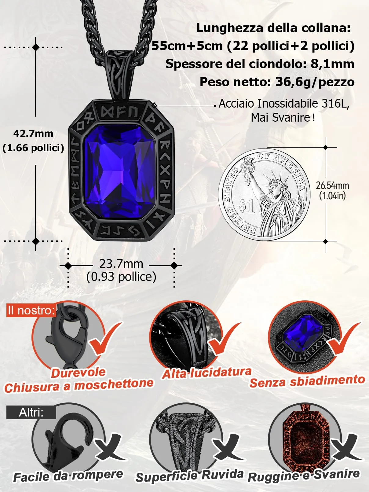 FaithHeart Collana Uomo Vichingo Pendentivo in Ottagono Cristallo Rosso Smeraldo Ossidiana con Rune Vichinghe Accessorio Moda Unico Perfetto per Regalo Stile Personale - immagine 5