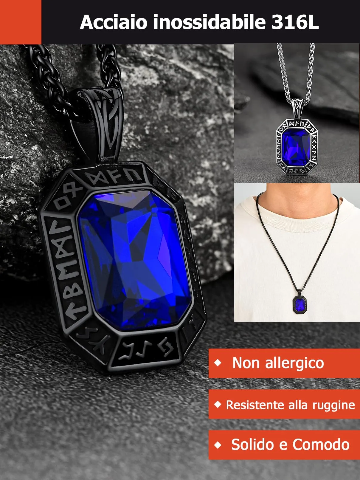 FaithHeart Collana Uomo Vichingo Pendentivo in Ottagono Cristallo Rosso Smeraldo Ossidiana con Rune Vichinghe Accessorio Moda Unico Perfetto per Regalo Stile Personale - immagine 8