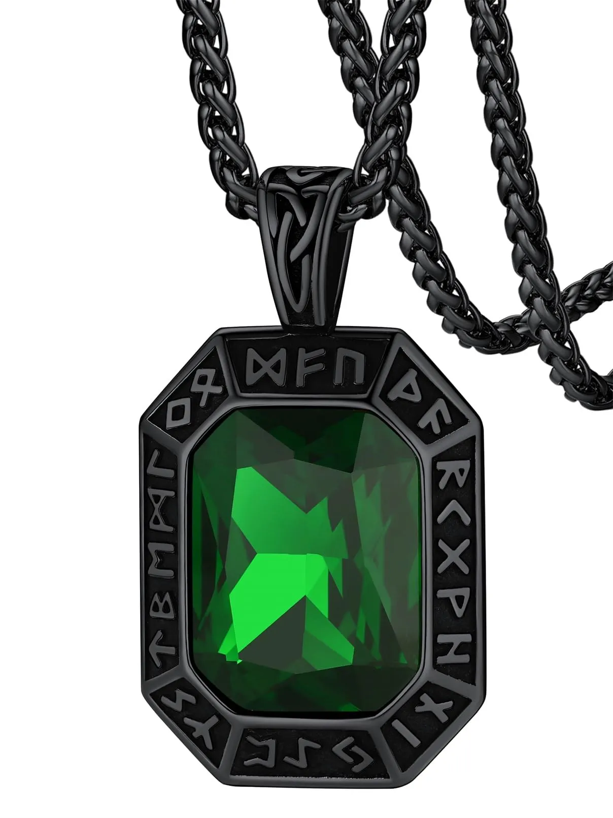 FaithHeart Collana Uomo Vichingo Pendentivo in Ottagono Cristallo Rosso Smeraldo Ossidiana con Rune Vichinghe Accessorio Moda Unico Perfetto per Regalo Stile Personale - immagine 1