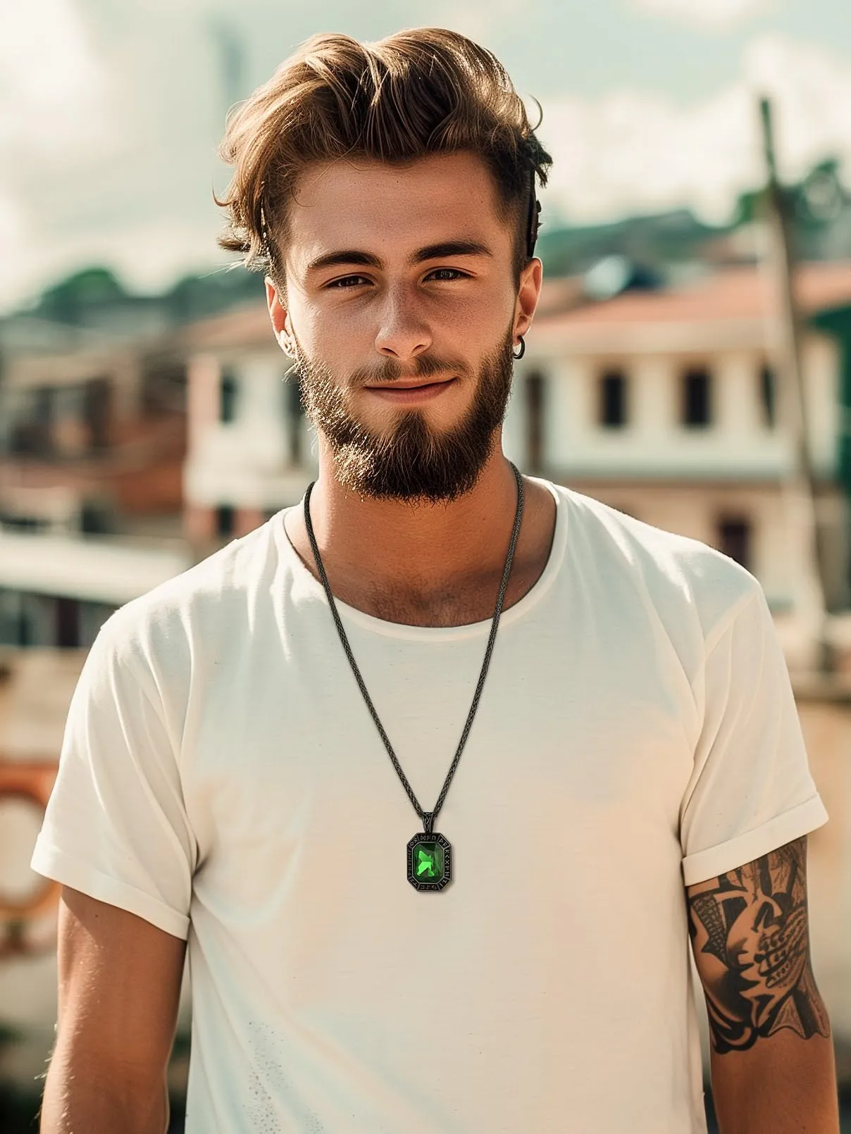 FaithHeart Collana Uomo Vichingo Pendentivo in Ottagono Cristallo Rosso Smeraldo Ossidiana con Rune Vichinghe Accessorio Moda Unico Perfetto per Regalo Stile Personale - immagine 2