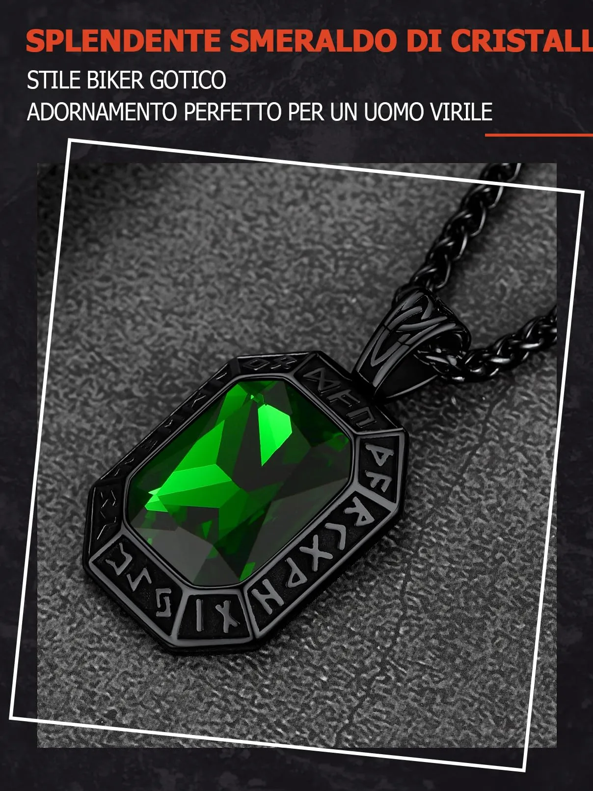 FaithHeart Collana Uomo Vichingo Pendentivo in Ottagono Cristallo Rosso Smeraldo Ossidiana con Rune Vichinghe Accessorio Moda Unico Perfetto per Regalo Stile Personale - immagine 3