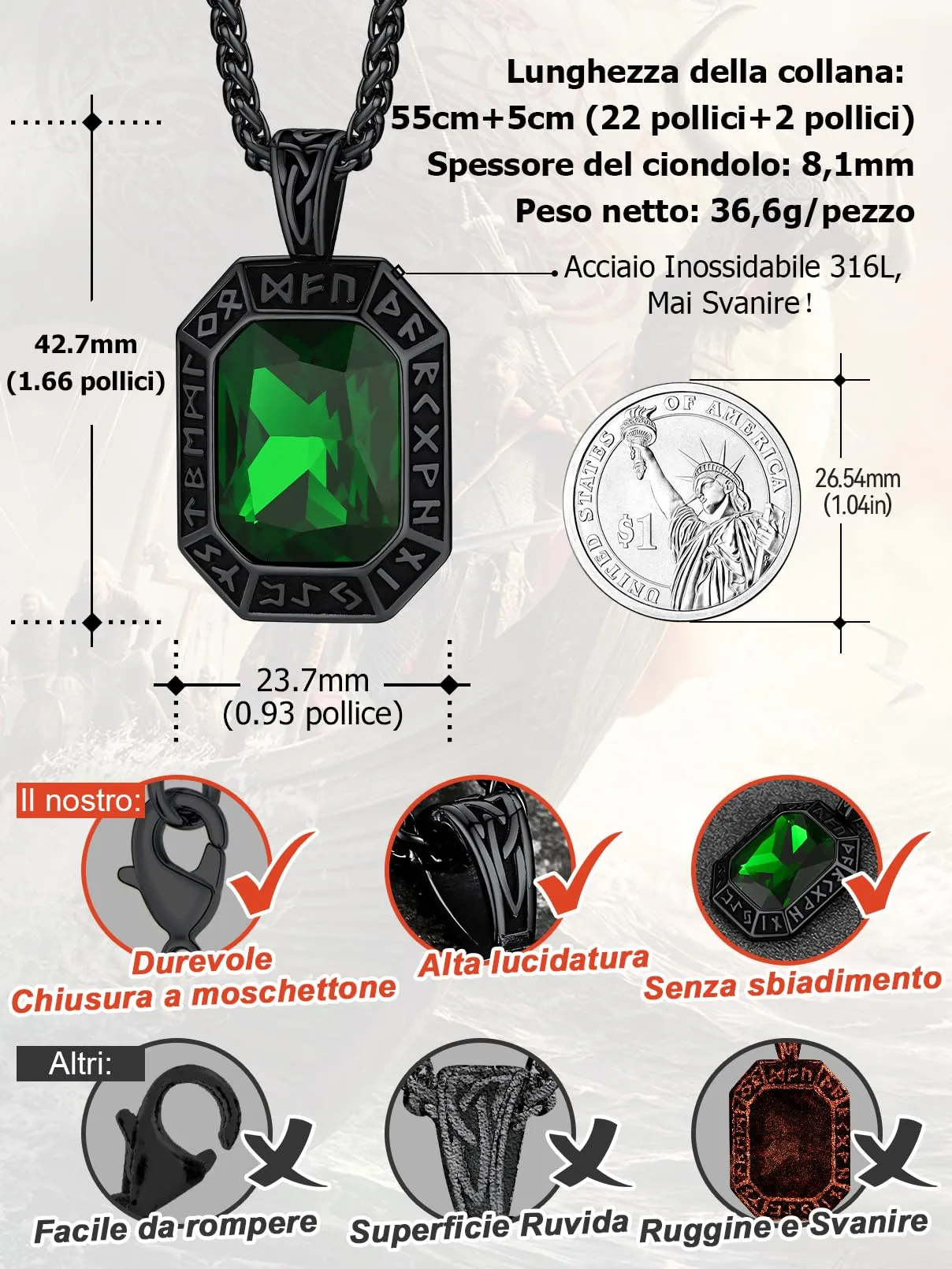 FaithHeart Collana Uomo Vichingo Pendentivo in Ottagono Cristallo Rosso Smeraldo Ossidiana con Rune Vichinghe Accessorio Moda Unico Perfetto per Regalo Stile Personale - immagine 4