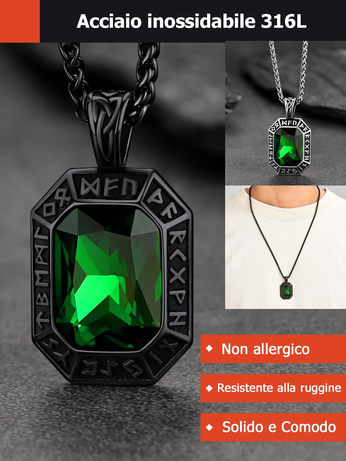 FaithHeart Collana Uomo Vichingo Pendentivo in Ottagono Cristallo Rosso Smeraldo Ossidiana con Rune Vichinghe Accessorio Moda Unico Perfetto per Regalo Stile Personale - immagine 5