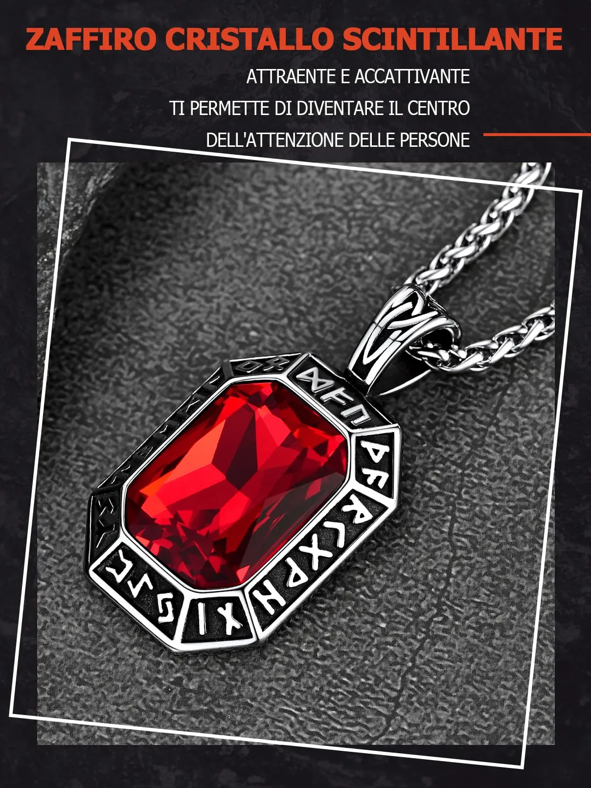 FaithHeart Collana Uomo Vichingo Pendentivo in Ottagono Cristallo Rosso Smeraldo Ossidiana con Rune Vichinghe Accessorio Moda Unico Perfetto per Regalo Stile Personale - immagine 2