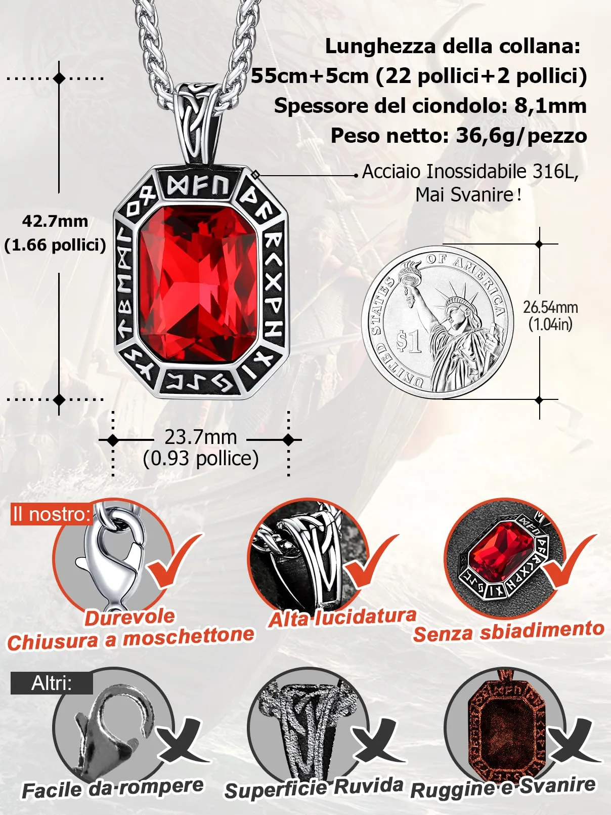 FaithHeart Collana Uomo Vichingo Pendentivo in Ottagono Cristallo Rosso Smeraldo Ossidiana con Rune Vichinghe Accessorio Moda Unico Perfetto per Regalo Stile Personale - immagine 4