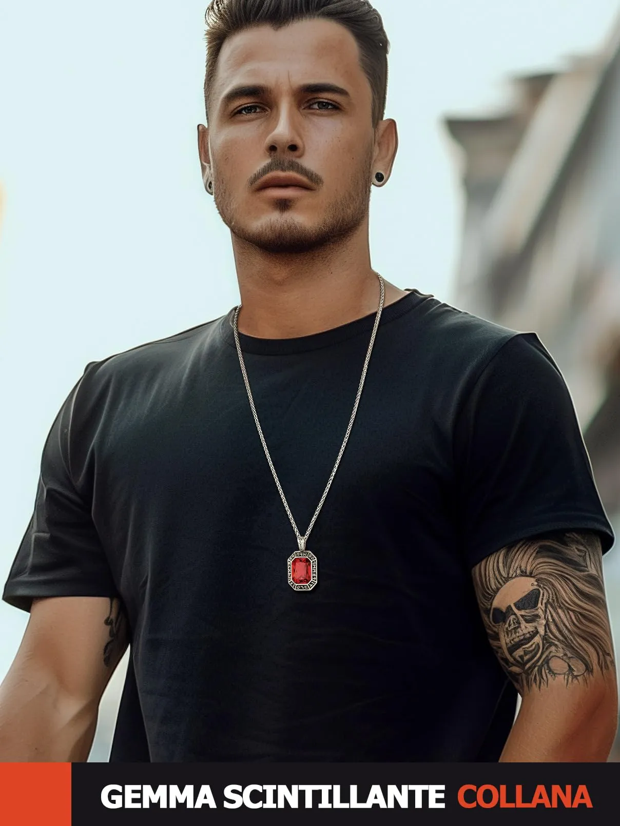 FaithHeart Collana Uomo Vichingo Pendentivo in Ottagono Cristallo Rosso Smeraldo Ossidiana con Rune Vichinghe Accessorio Moda Unico Perfetto per Regalo Stile Personale - immagine 5