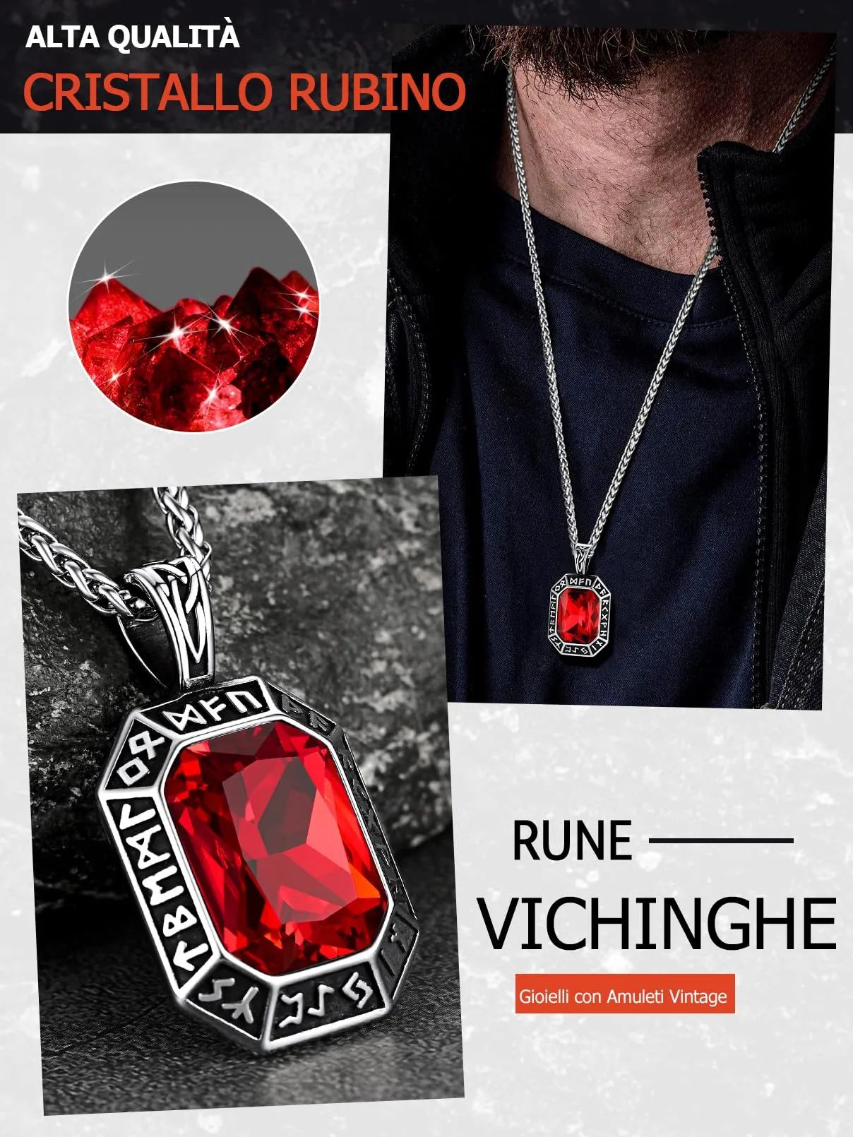 FaithHeart Collana Uomo Vichingo Pendentivo in Ottagono Cristallo Rosso Smeraldo Ossidiana con Rune Vichinghe Accessorio Moda Unico Perfetto per Regalo Stile Personale - immagine 7