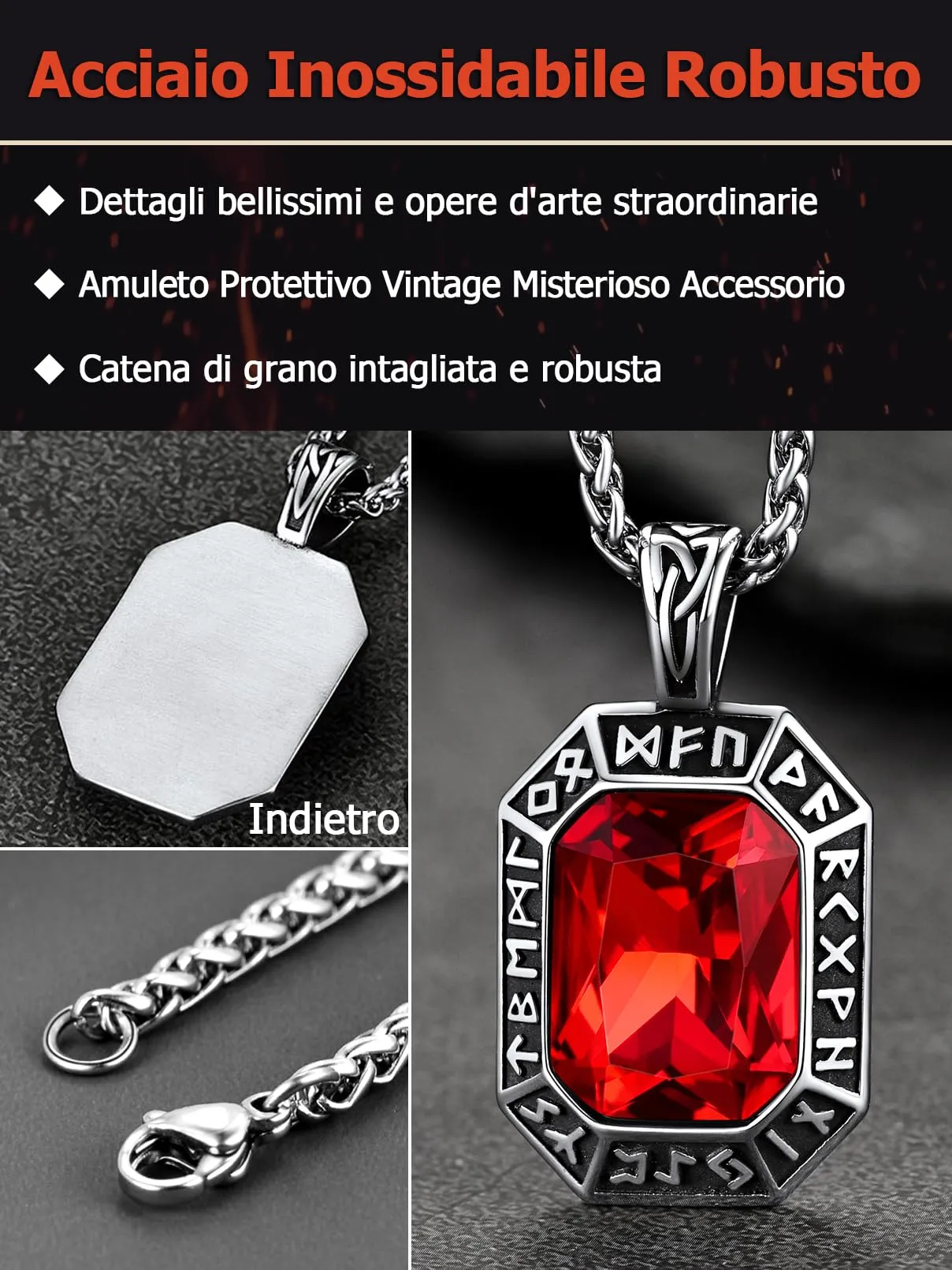 FaithHeart Collana Uomo Vichingo Pendentivo in Ottagono Cristallo Rosso Smeraldo Ossidiana con Rune Vichinghe Accessorio Moda Unico Perfetto per Regalo Stile Personale - immagine 8