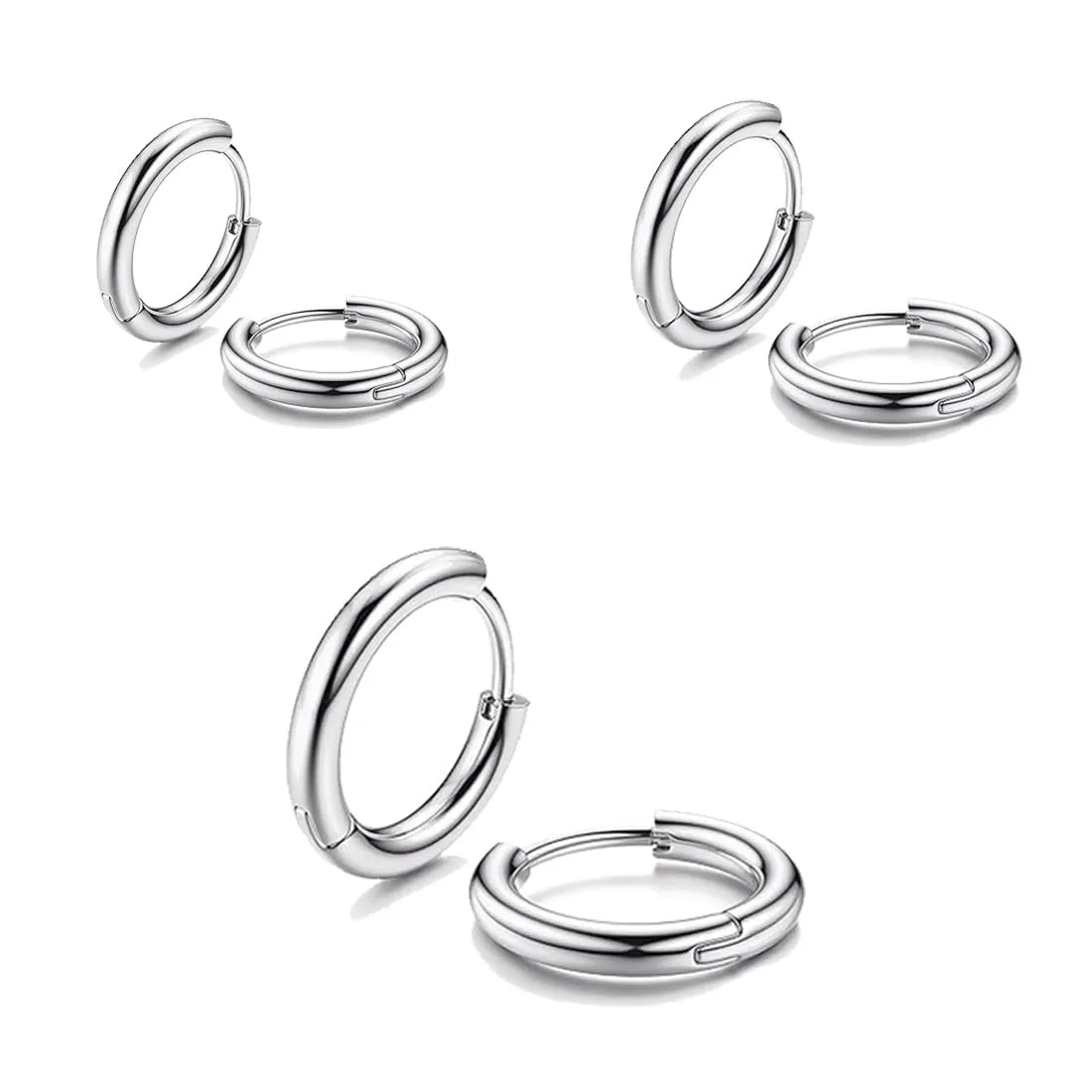 JEYORZY 3 paia di orecchini Argento a cerchio per uomini e donne, Orecchini Acciaio Inossidabile per Cartilagine, leggeri, cartilagine, ipoallergenico, 8-12 mm, Acciaio Inossidabile Piccoli, Argento - immagine 1