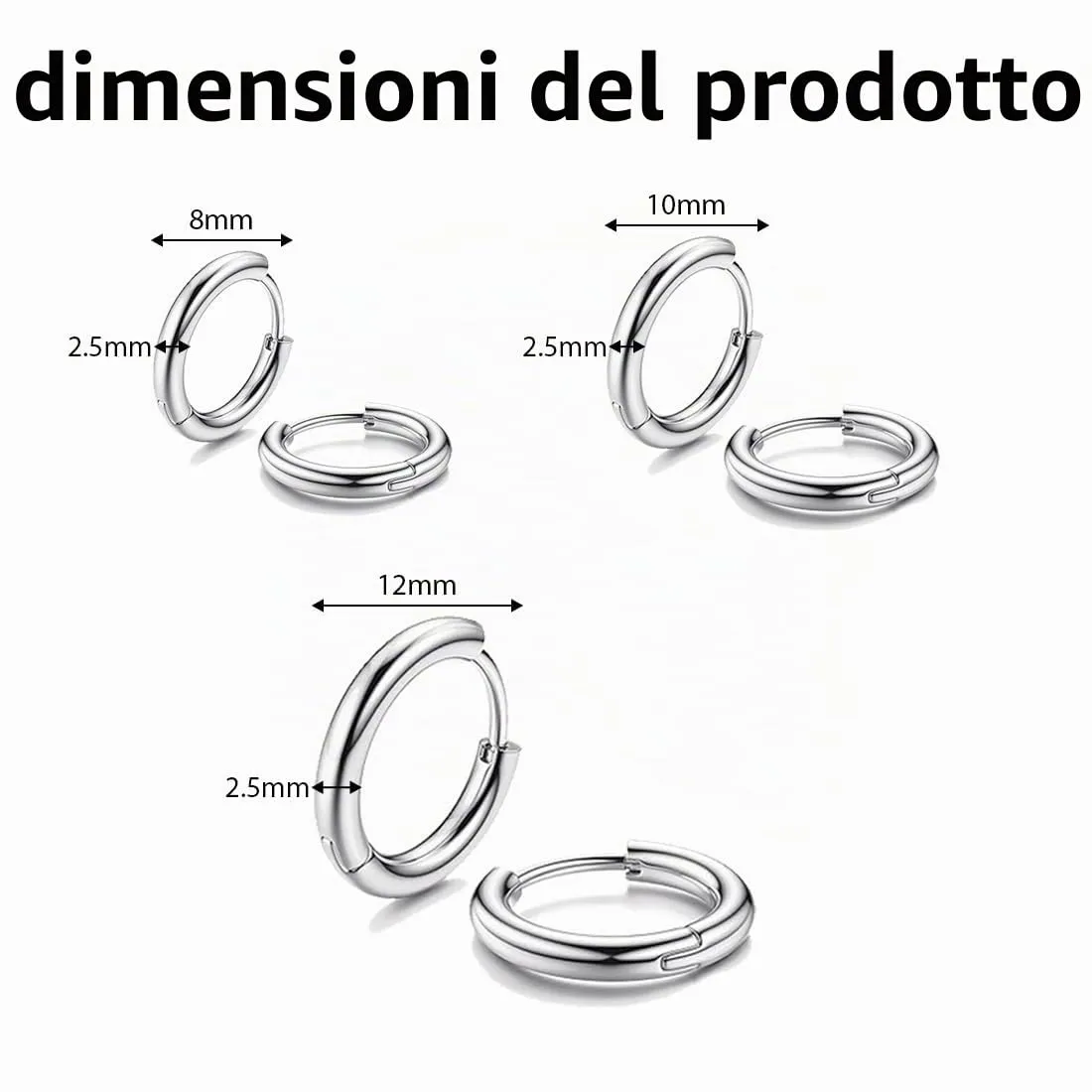 JEYORZY 3 paia di orecchini Argento a cerchio per uomini e donne, Orecchini Acciaio Inossidabile per Cartilagine, leggeri, cartilagine, ipoallergenico, 8-12 mm, Acciaio Inossidabile Piccoli, Argento - immagine 2