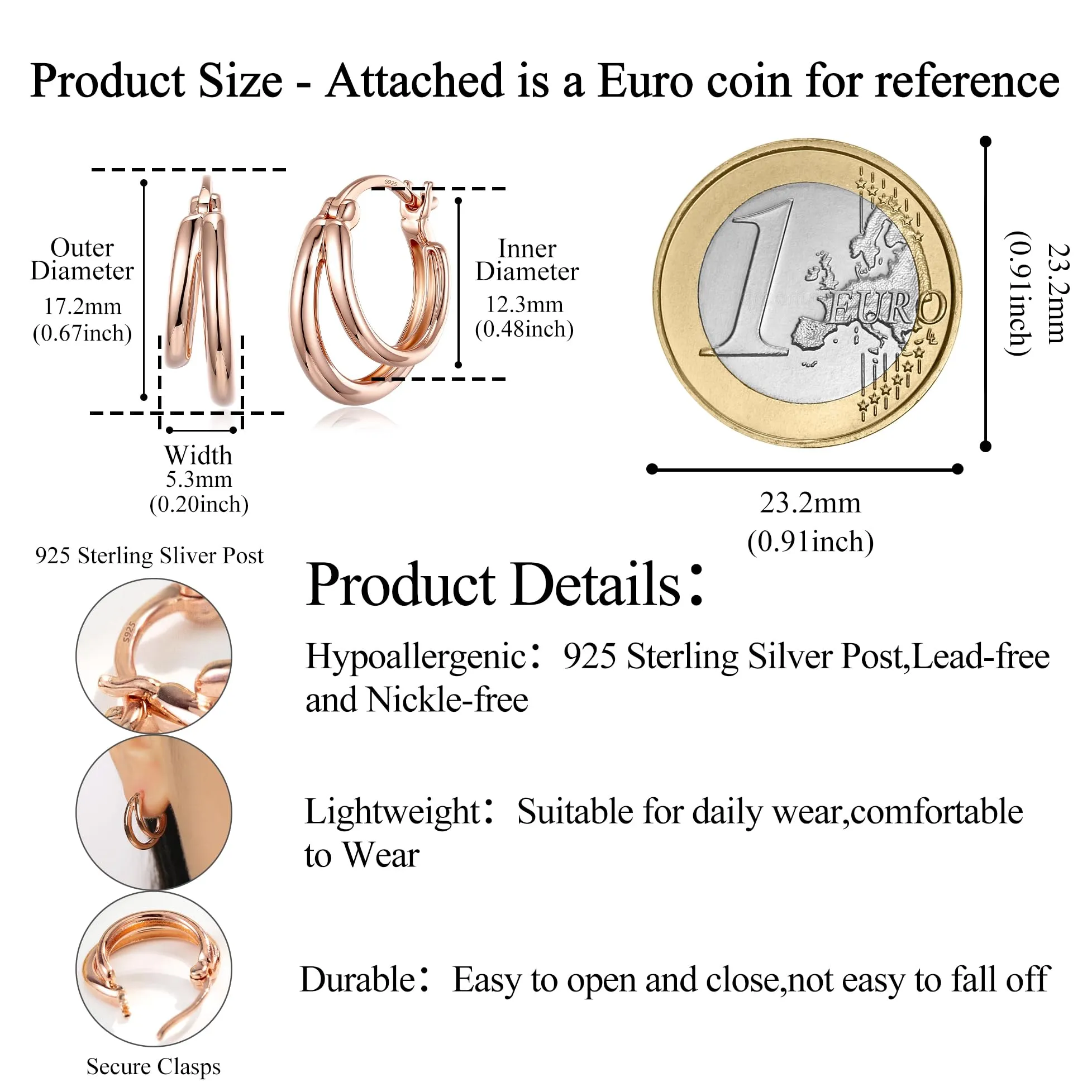 PHNIBIRD Orecchini Cerchio Uomo con Asimmetrici Semplice Cerchio Unisex Rosegold Orecchini per Adatto Per l'uso Quotidiano - immagine 5