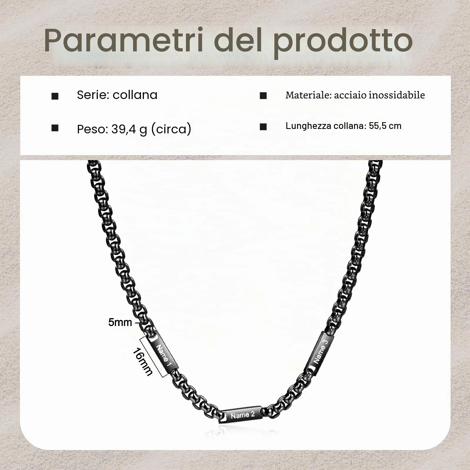 ALBERTBAND Collana da Uomo Personalizzata Collana in Acciaio inox con Nome Regalo per Uomo Festa del papà San Valentino Natale (Nero-3 nome) - immagine 2