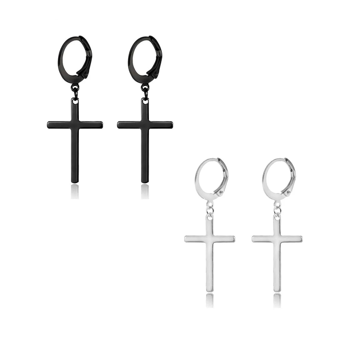 XENQITO 2 Paia Acciaio Chirurgico Orecchini per Uomo Donna Orecchini a Cerchio Pendente Croce Orecchini Pendenti con Croce Piercing Cartilage Orecchini Set Punk Orecchino(Nero,argenteo) - immagine 1