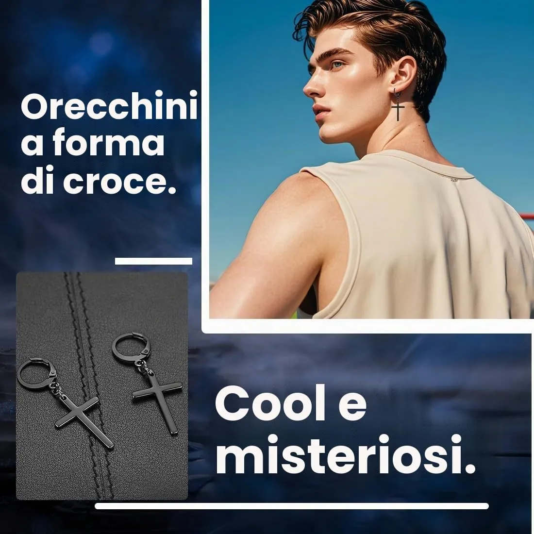 XENQITO 2 Paia Acciaio Chirurgico Orecchini per Uomo Donna Orecchini a Cerchio Pendente Croce Orecchini Pendenti con Croce Piercing Cartilage Orecchini Set Punk Orecchino(Nero,argenteo) - immagine 2