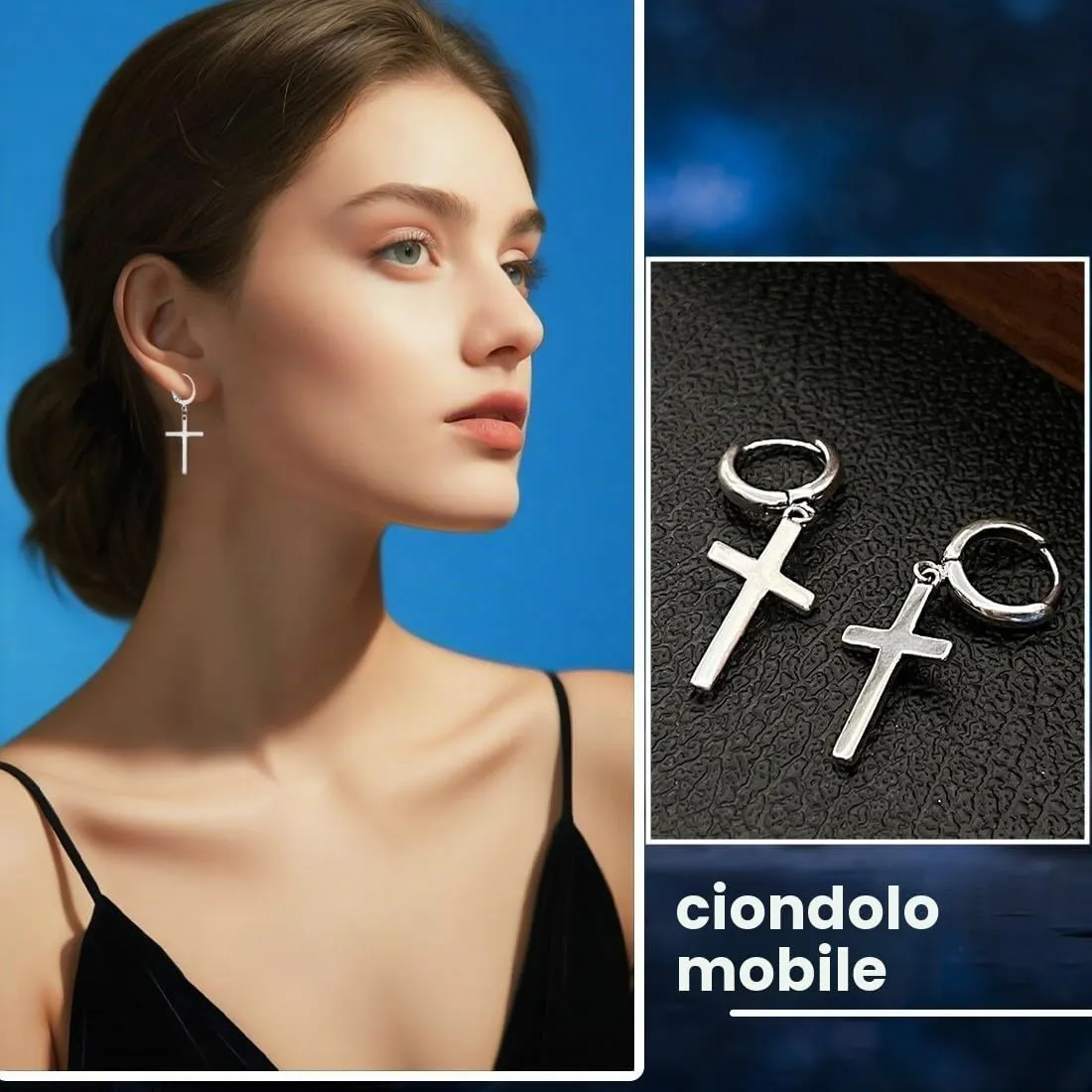 XENQITO 2 Paia Acciaio Chirurgico Orecchini per Uomo Donna Orecchini a Cerchio Pendente Croce Orecchini Pendenti con Croce Piercing Cartilage Orecchini Set Punk Orecchino(Nero,argenteo) - immagine 3