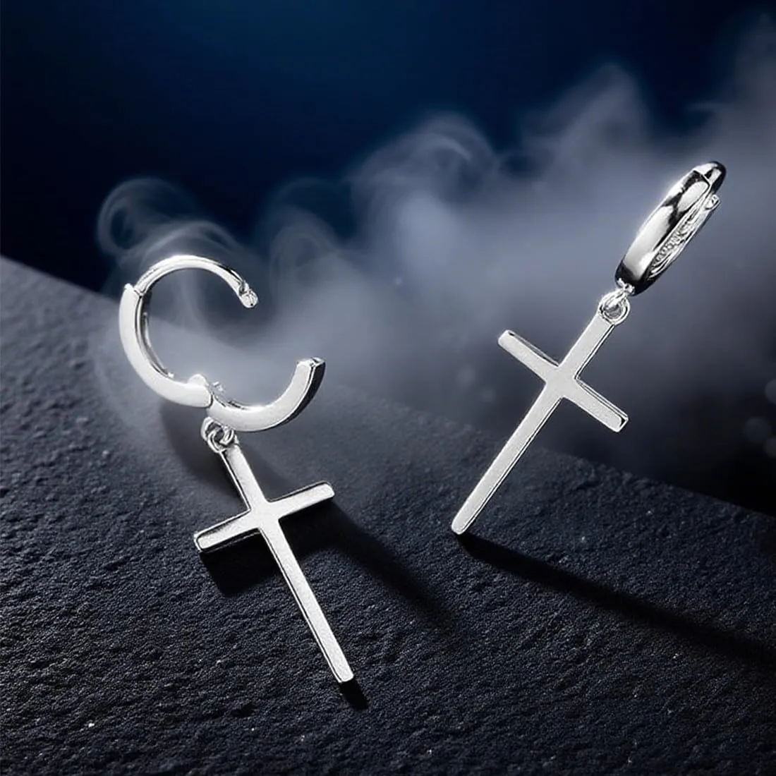 XENQITO 2 Paia Acciaio Chirurgico Orecchini per Uomo Donna Orecchini a Cerchio Pendente Croce Orecchini Pendenti con Croce Piercing Cartilage Orecchini Set Punk Orecchino(Nero,argenteo) - immagine 4