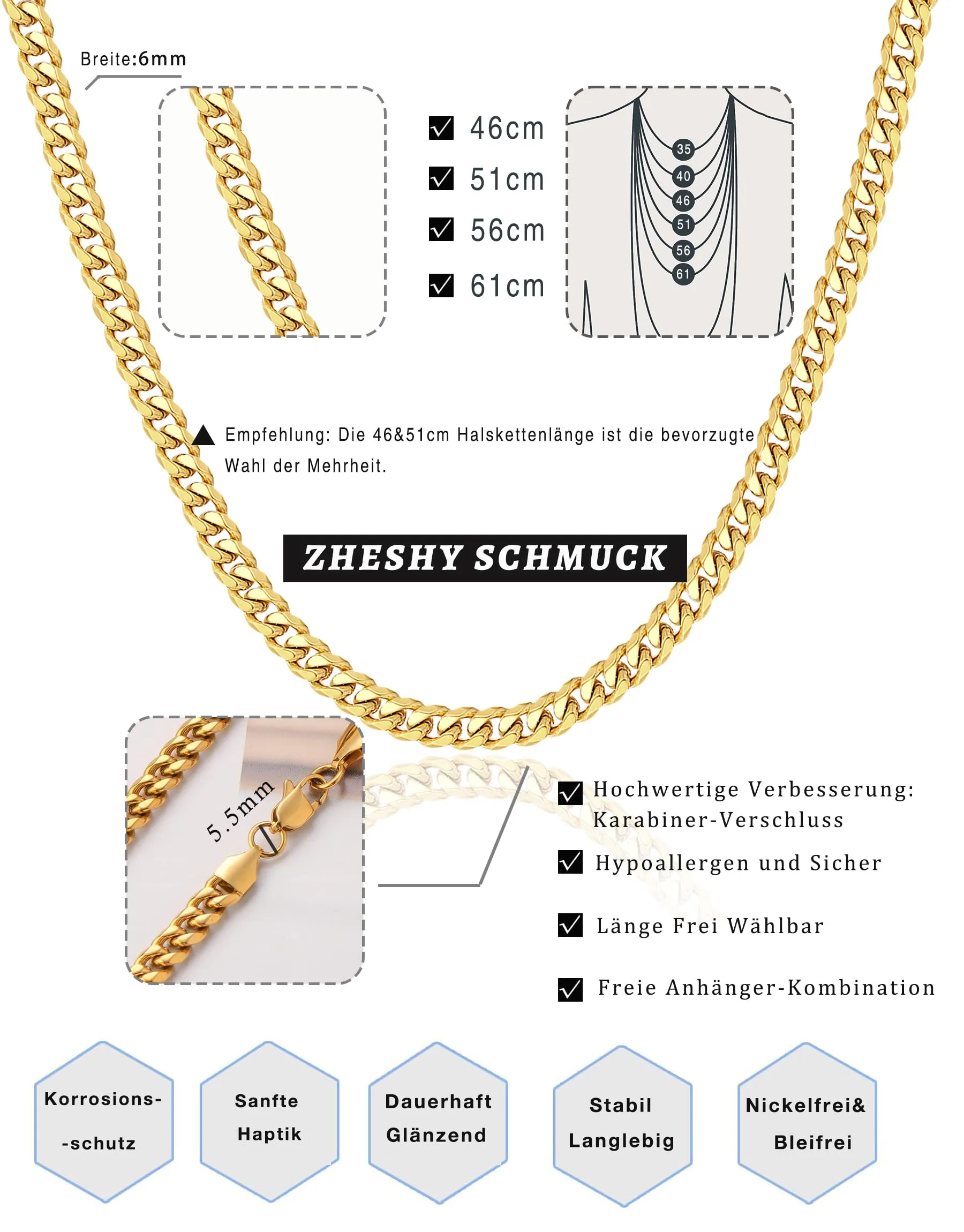 ZHESHY Collana Uomo Acciaio Inossidabile 18K Oro Argento Catena Di Cuban Chain Venezia Scatola Corda Ritorta Collane Gioielli Regalo Uomo E Donna Larghezza 3/4/5/5.5/6mm Lunghezza 46-61cm - immagine 6