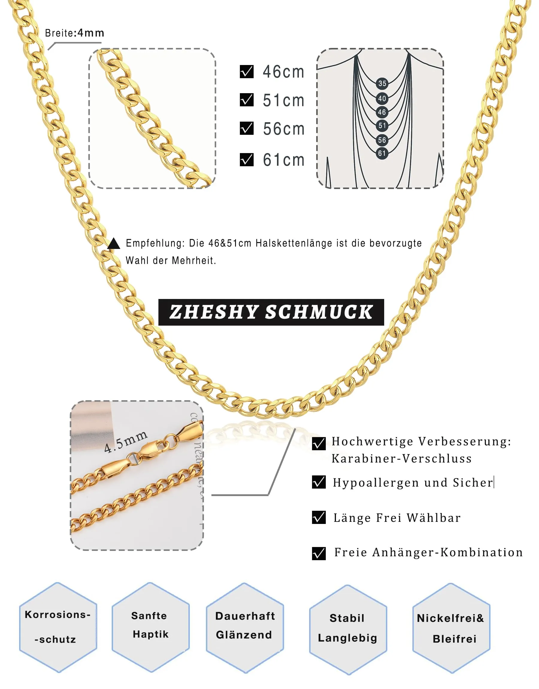 ZHESHY Collana Uomo Acciaio Inossidabile 18K Oro Argento Catena Di Cuban Chain Venezia Scatola Corda Ritorta Collane Gioielli Regalo Uomo E Donna Larghezza 3/4/5/5.5/6mm Lunghezza 46-61cm - immagine 6