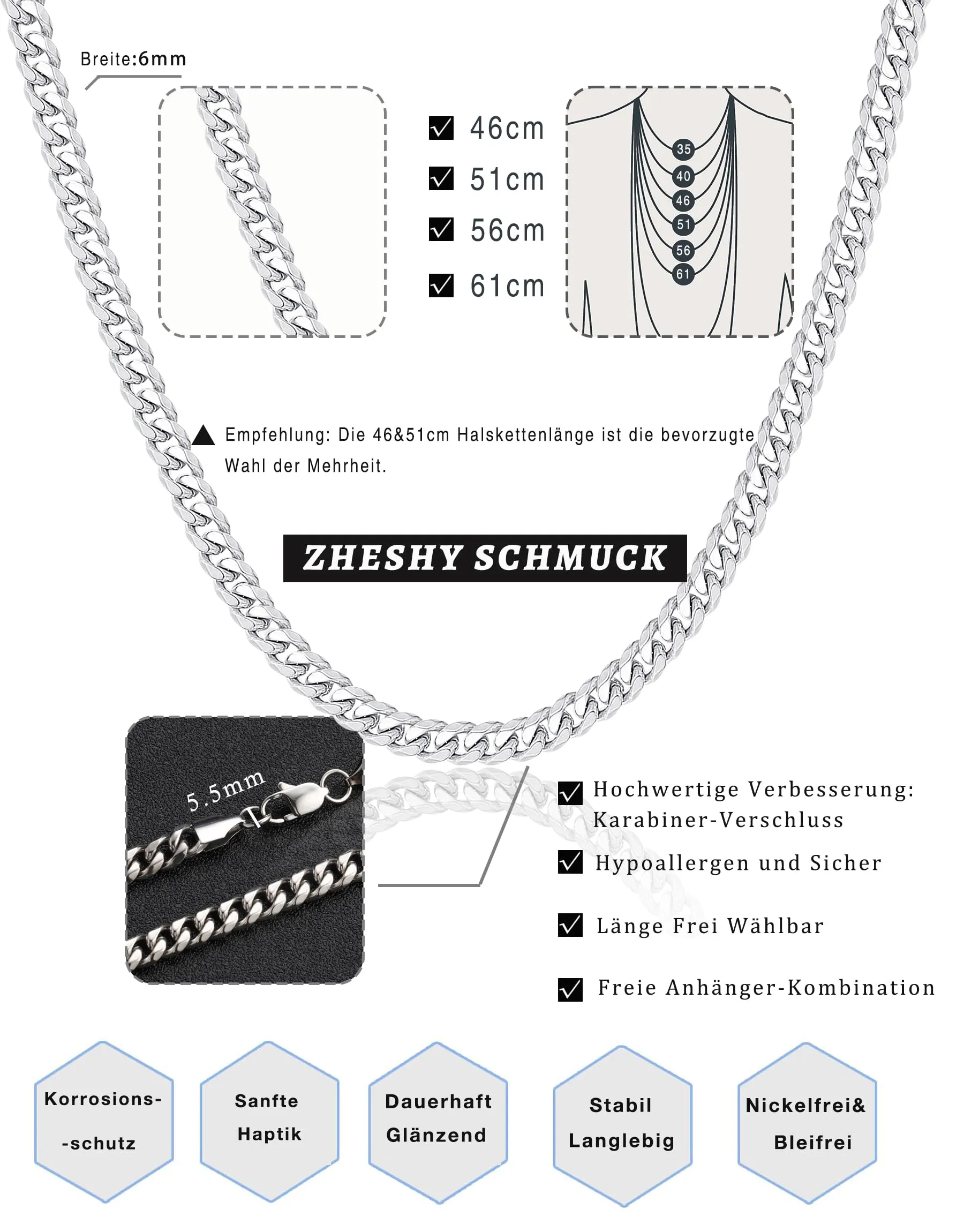 ZHESHY Collana Uomo Acciaio Inossidabile 18K Oro Argento Catena Di Cuban Chain Venezia Scatola Corda Ritorta Collane Gioielli Regalo Uomo E Donna Larghezza 3/4/5/5.5/6mm Lunghezza 46-61cm - immagine 6