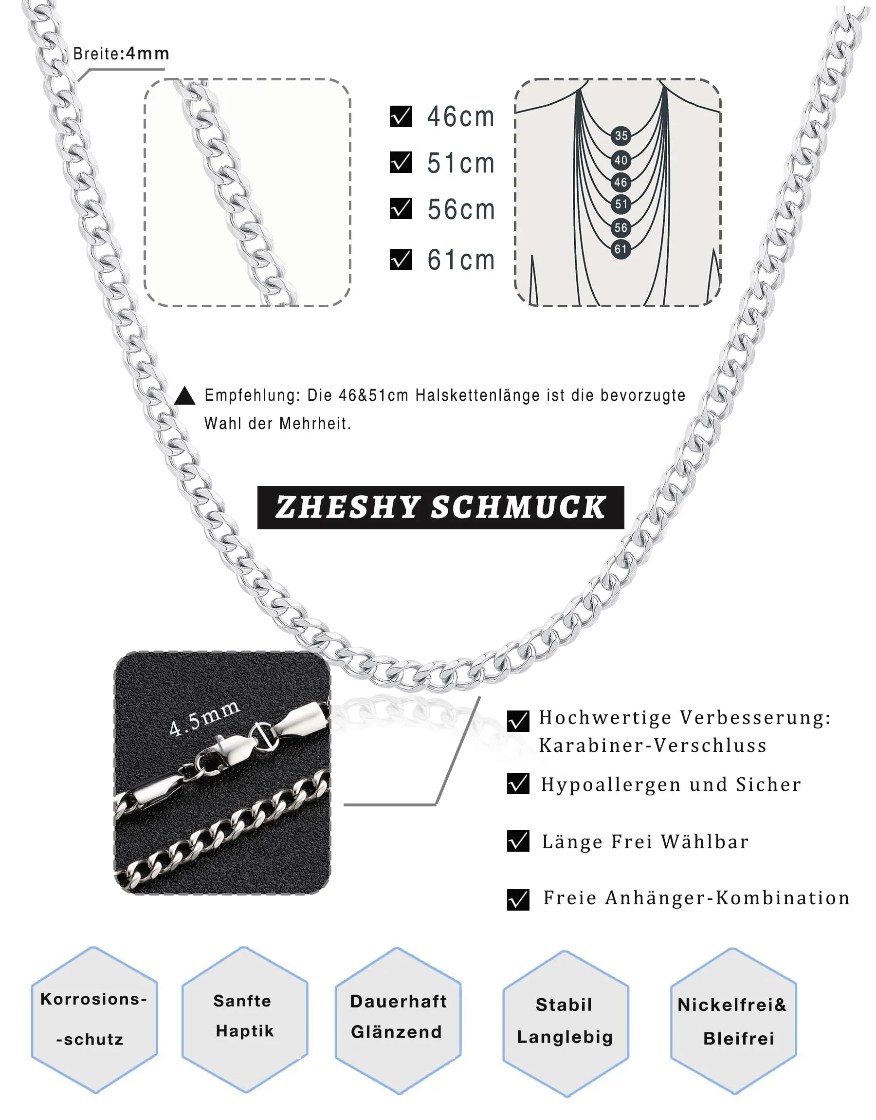 ZHESHY Collana Uomo Acciaio Inossidabile 18K Oro Argento Catena Di Cuban Chain Venezia Scatola Corda Ritorta Collane Gioielli Regalo Uomo E Donna Larghezza 3/4/5/5.5/6mm Lunghezza 46-61cm - immagine 6