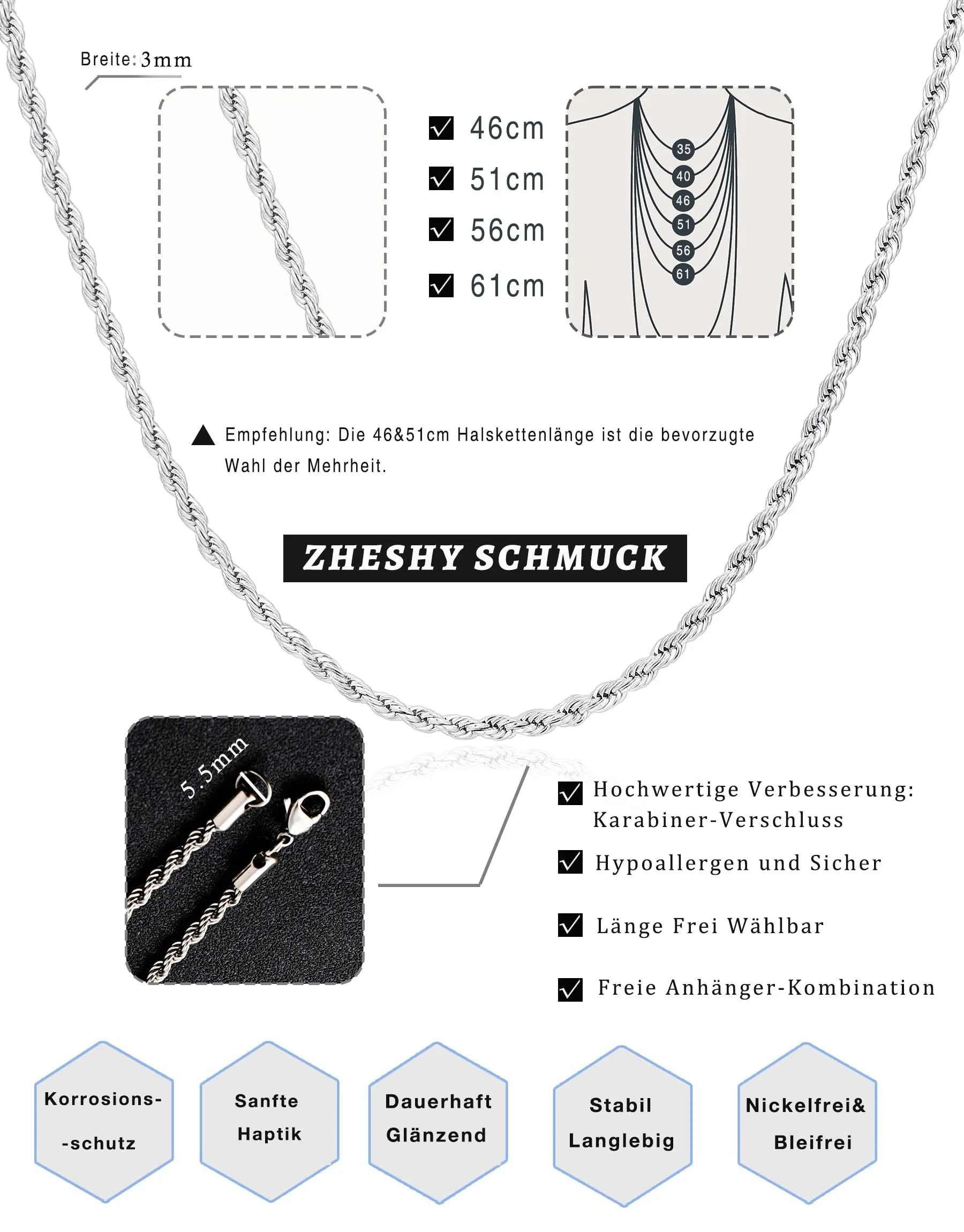 ZHESHY Collana Uomo Acciaio Inossidabile 18K Oro Argento Catena Di Cuban Chain Venezia Scatola Corda Ritorta Collane Gioielli Regalo Uomo E Donna Larghezza 3/4/5/5.5/6mm Lunghezza 46-61cm - immagine 6