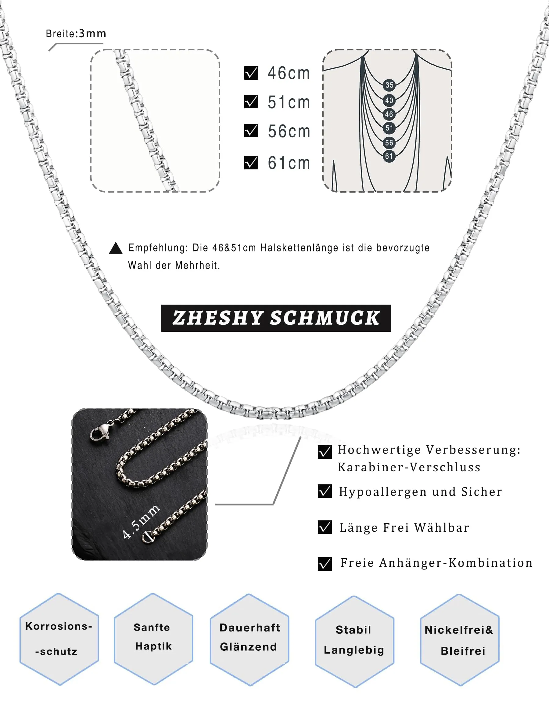 ZHESHY Collana Uomo Acciaio Inossidabile 18K Oro Argento Catena Di Cuban Chain Venezia Scatola Corda Ritorta Collane Gioielli Regalo Uomo E Donna Larghezza 3/4/5/5.5/6mm Lunghezza 46-61cm - immagine 6