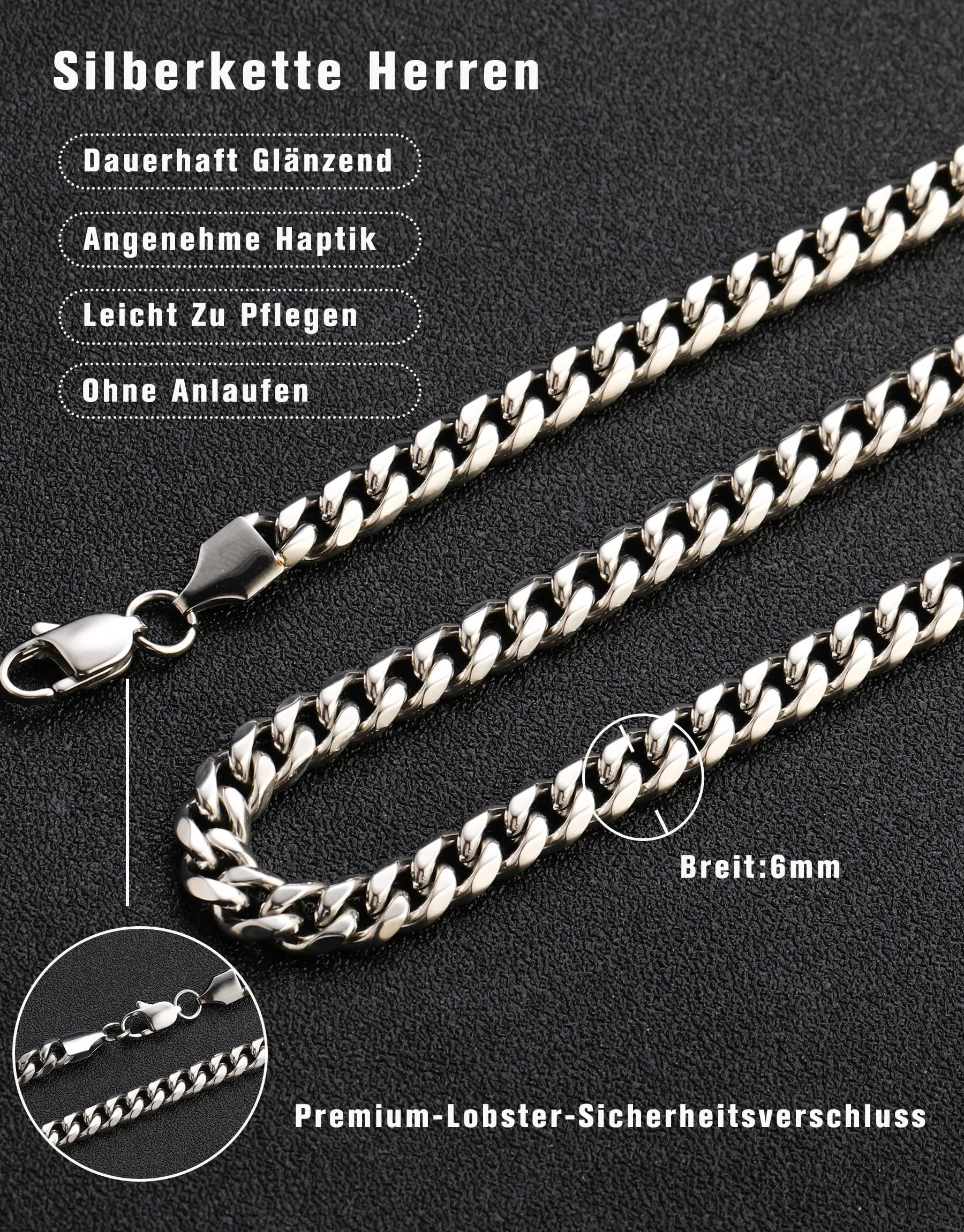 ZHESHY Collana da uomo in argento con catena in acciaio inox/placcato oro 18 carati, catena a maglia barbazzale cubana veneziana, catena in argento, per uomini, ragazzi, donne, gioielli impermeabili - immagine 5