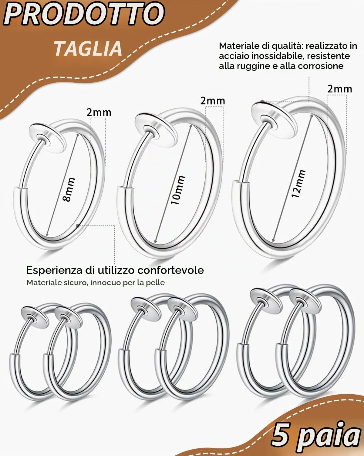 HUVZOR Set di 5 paia orecchini finti senza buco in acciaio inossidabile per uomo, donna e bambina,Orecchini clip, cerchio,anello ear cuff, per creare un look moderno e senza piercing(Argento) - immagine 2