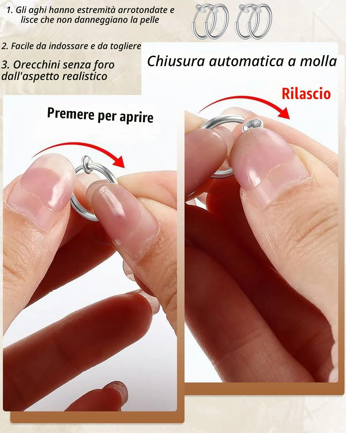 HUVZOR Set di 5 paia orecchini finti senza buco in acciaio inossidabile per uomo, donna e bambina,Orecchini clip, cerchio,anello ear cuff, per creare un look moderno e senza piercing(Argento) - immagine 3
