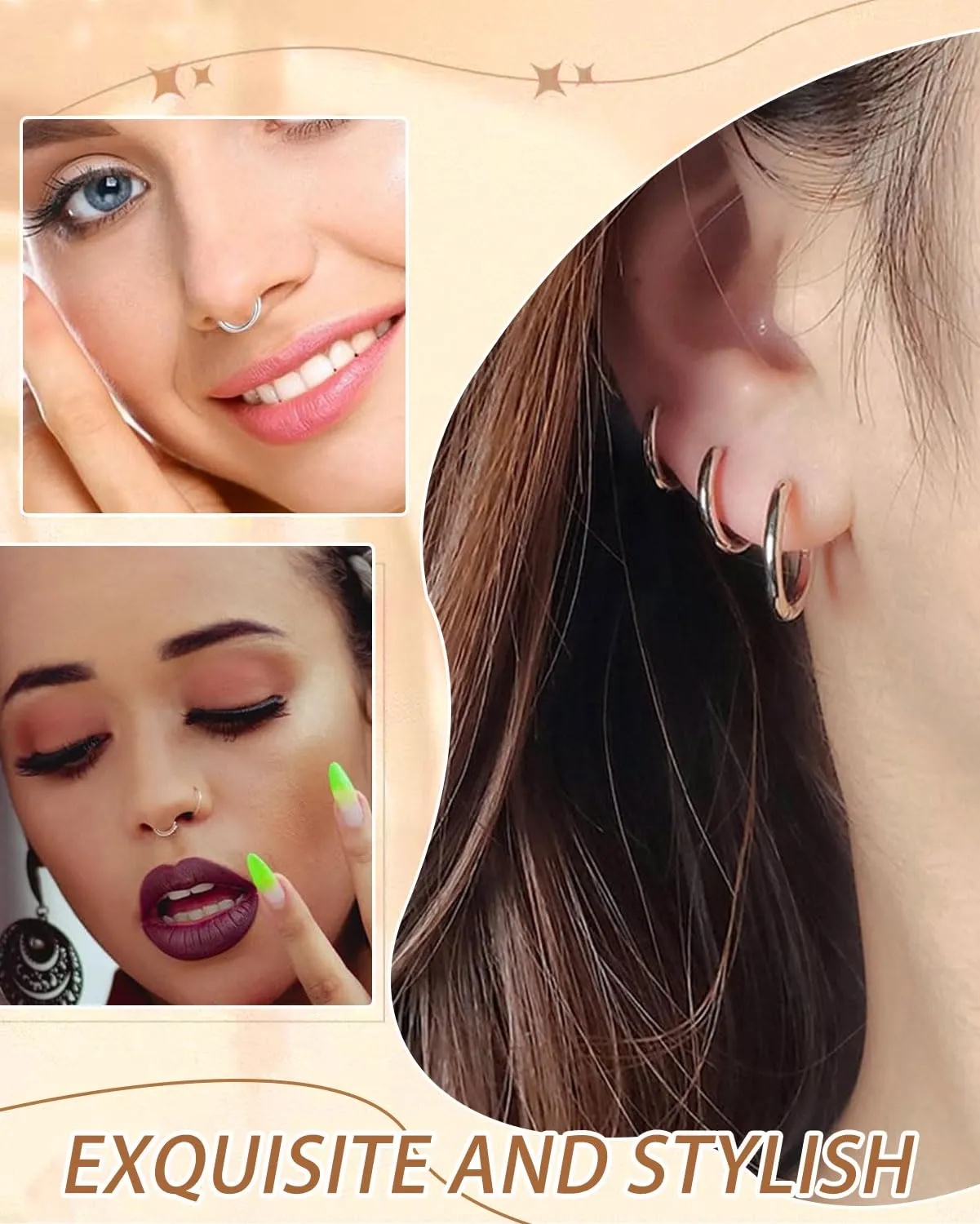 HUVZOR Set di 5 paia orecchini finti senza buco in acciaio inossidabile per uomo, donna e bambina,Orecchini clip, cerchio,anello ear cuff, per creare un look moderno e senza piercing(Argento) - immagine 5