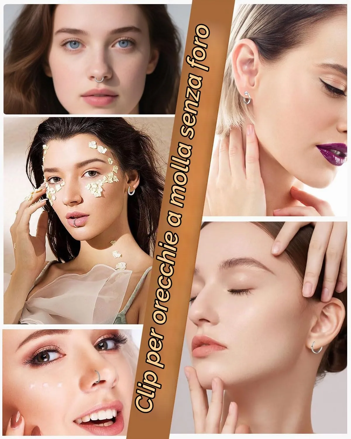 HUVZOR Set di 5 paia orecchini finti senza buco in acciaio inossidabile per uomo, donna e bambina,Orecchini clip, cerchio,anello ear cuff, per creare un look moderno e senza piercing(Argento) - immagine 6