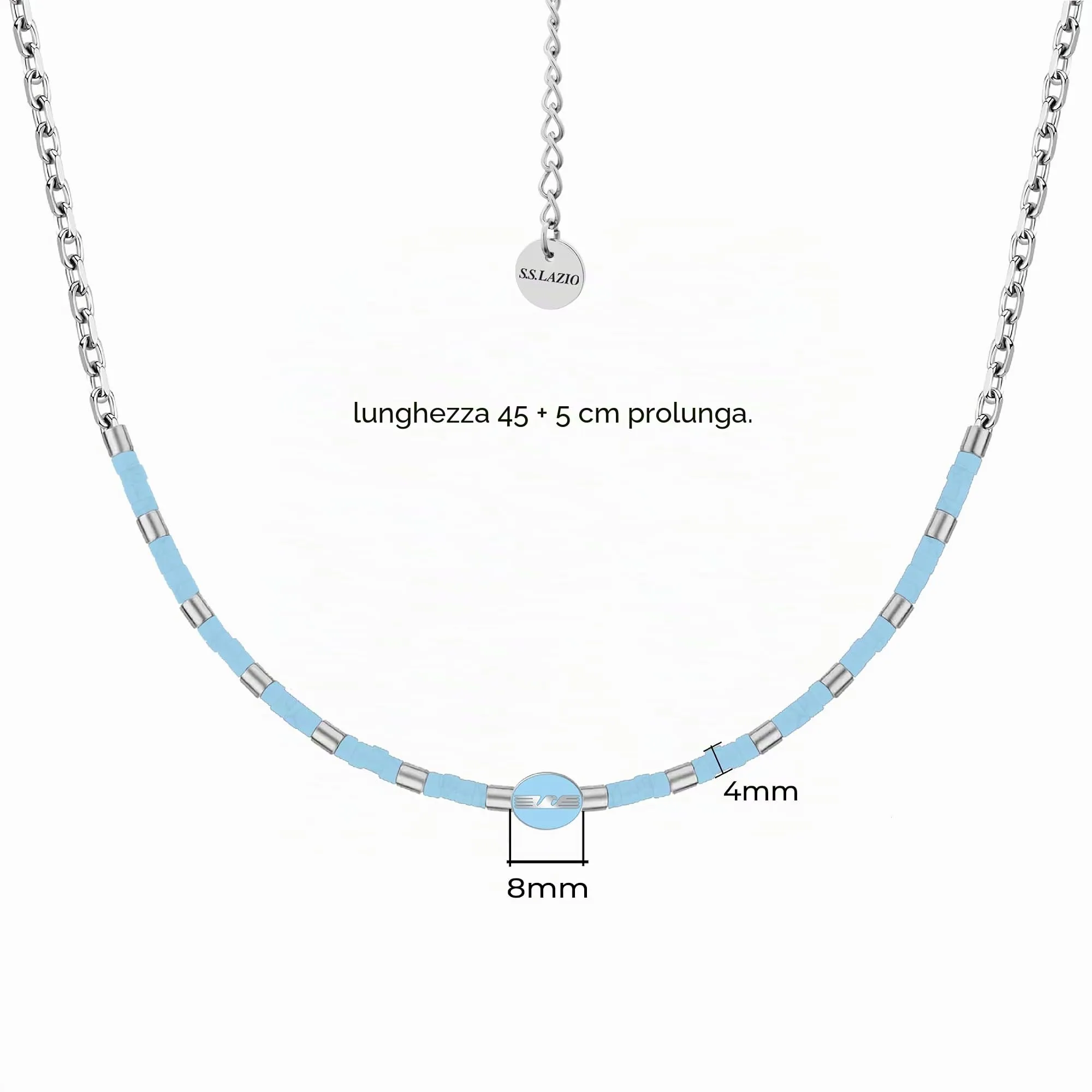 Clondo Collana Uomo Donna Lazio in Acciaio Inossidabile – Prodotto Ufficiale Calcio – Gioiello con Logo – Idea Regalo Elegante per Tifosi Biancoceleste – Ragazzo e Ragazza (Beaded Necklace Sky Blue) - immagine 2