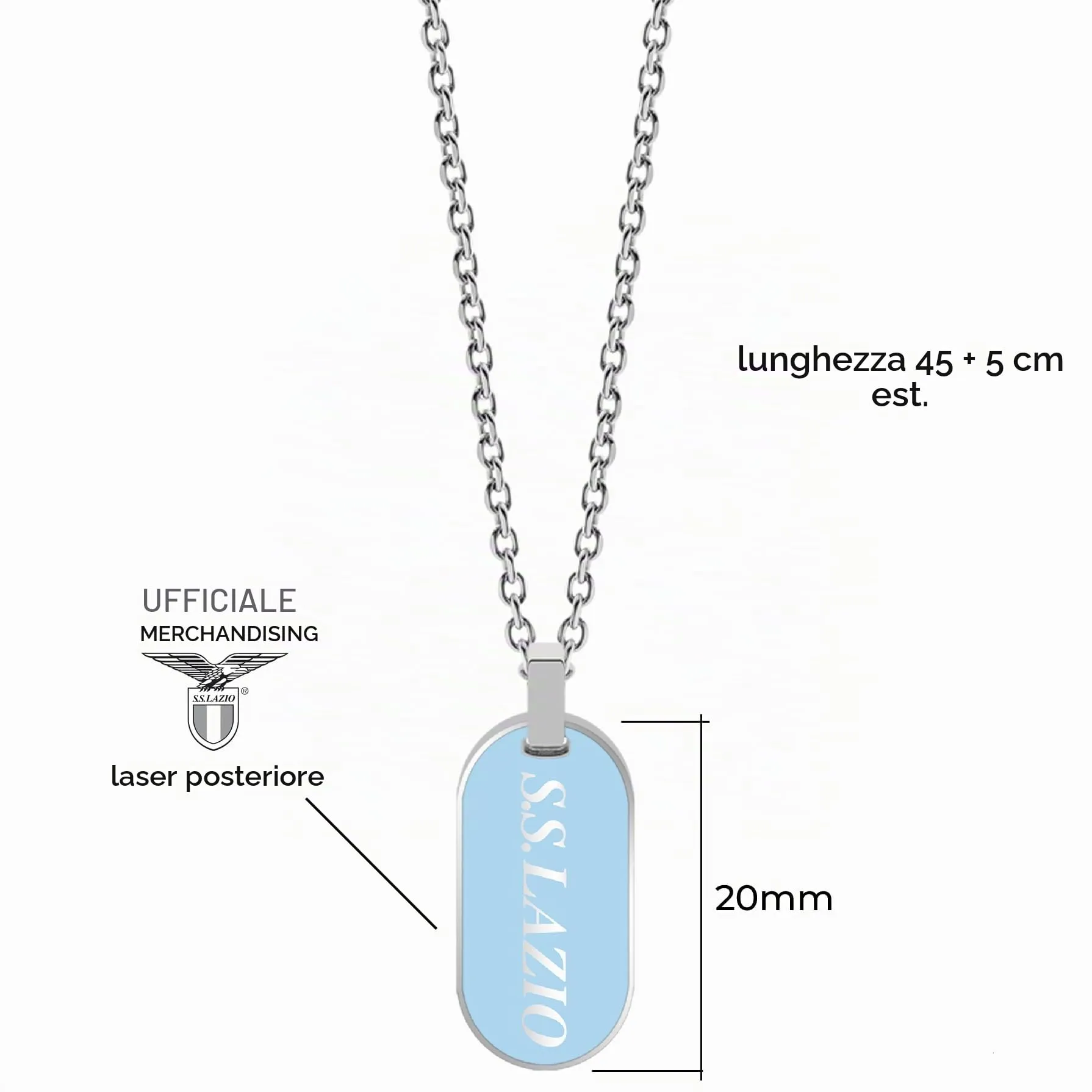 Clondo Collana Uomo Donna Lazio in Acciaio Inossidabile – Prodotto Ufficiale Calcio – Gioiello con Logo – Idea Regalo Elegante per Tifosi Biancoceleste – Ragazzo e Ragazza (Vertical Tag) - immagine 2