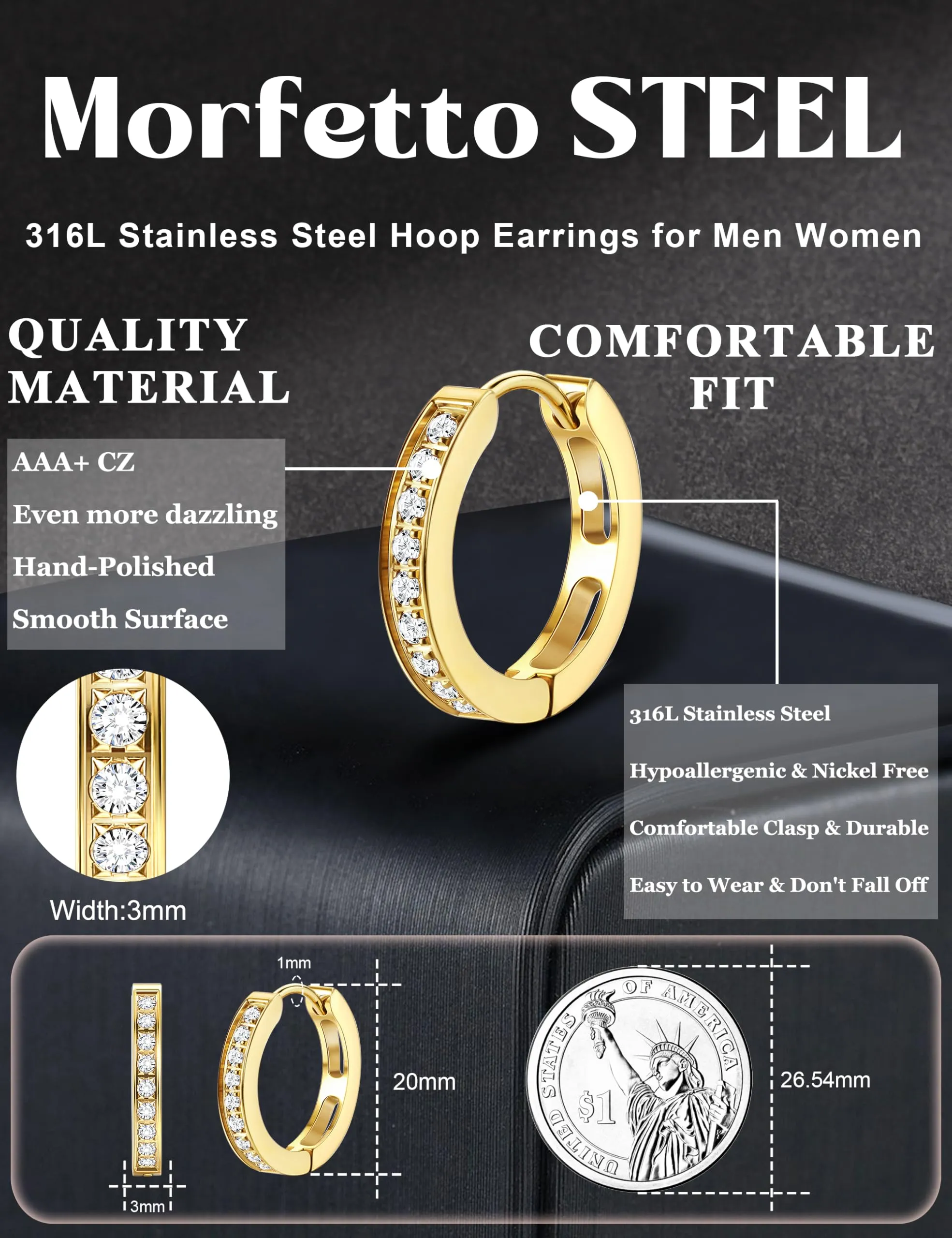 Orecchini Uomo Cerchio Acciaio inossidabile Anallergici - CZ Tono Argentato Nero Orecchini A Cerchio Huggie Trendy Gioielli Di Moda Per Le Uomo 20 mm - immagine 2