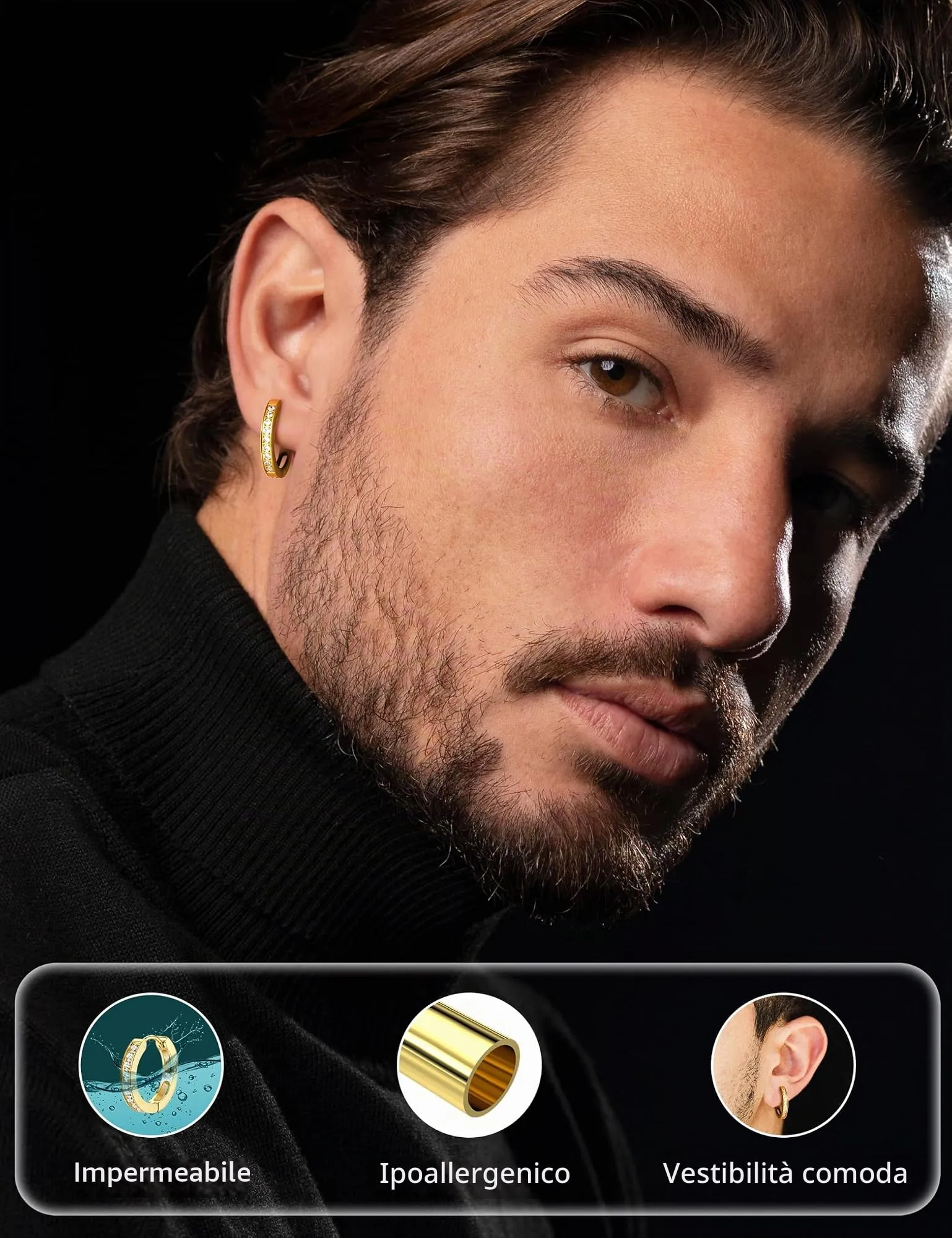Orecchini Uomo Cerchio Acciaio inossidabile Anallergici - CZ Tono Argentato Nero Orecchini A Cerchio Huggie Trendy Gioielli Di Moda Per Le Uomo 20 mm - immagine 3
