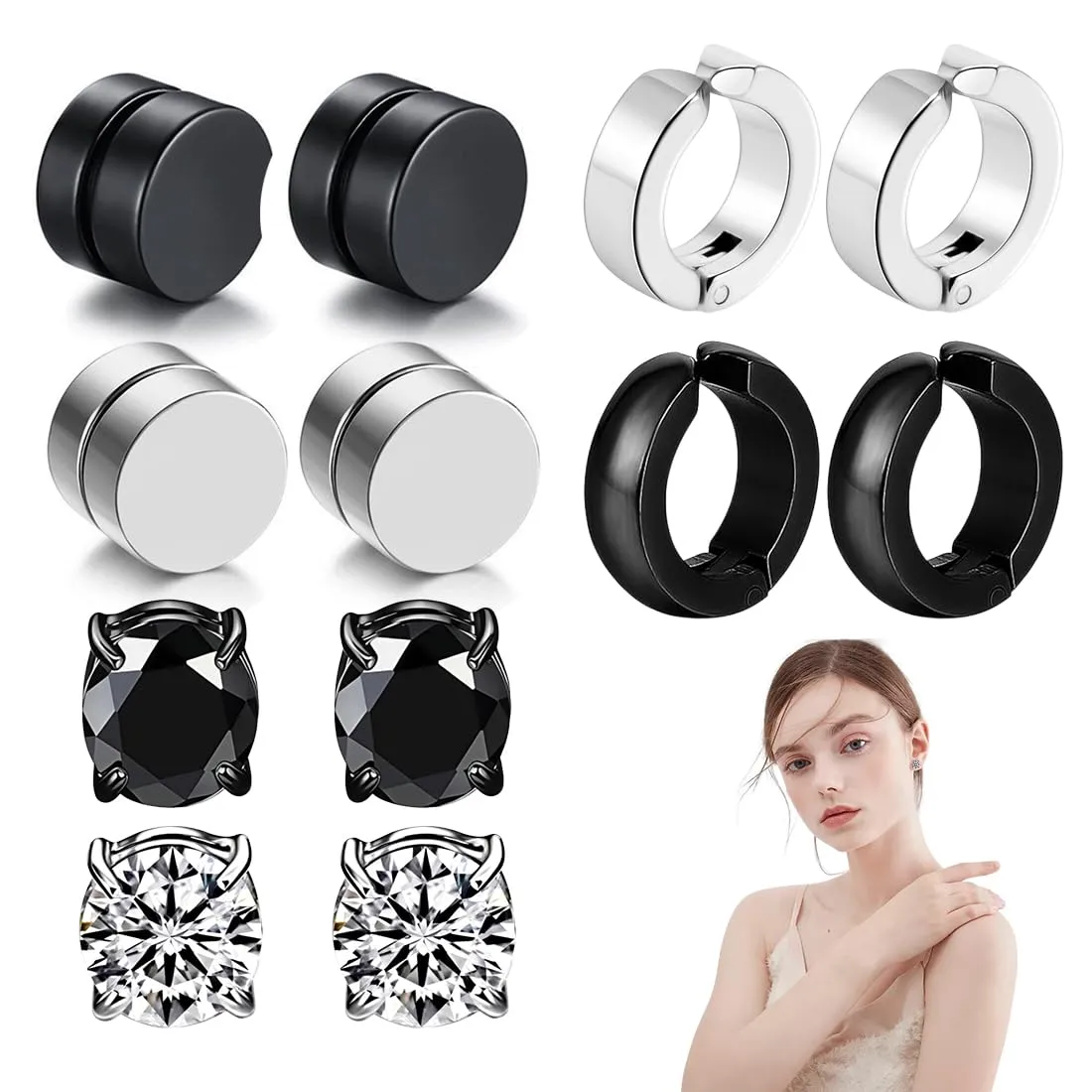 LAPQOS Orecchini da uomo,6 paia di orecchini a cerchio magnetici unisex (per labbro non forato) - immagine 1
