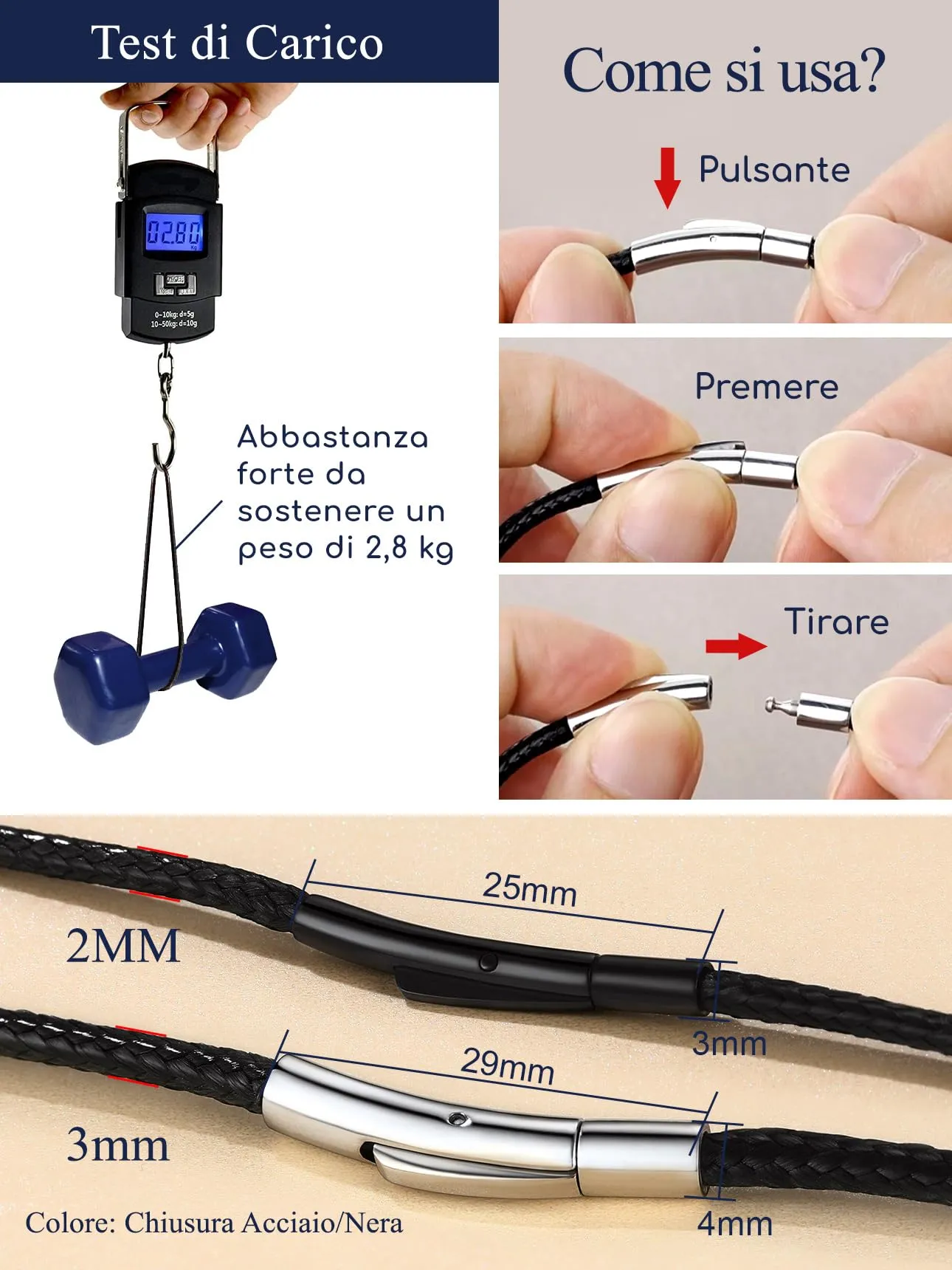 Suplight Collana Uomo Caucciù Sottile 2mm Lunga 55cm Chiusura Nero - immagine 5