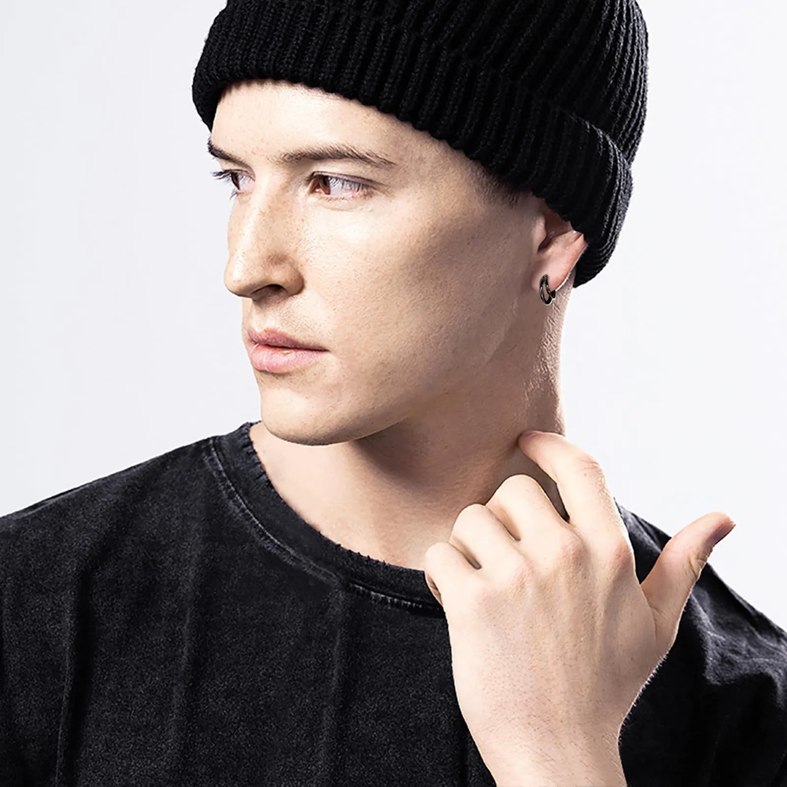 PHNIBIRD Orecchini Cerchio Uomo con Asimmetrici Semplice Cerchio Unisex Nero Orecchini per Adatto Per l'uso Quotidiano - immagine 3
