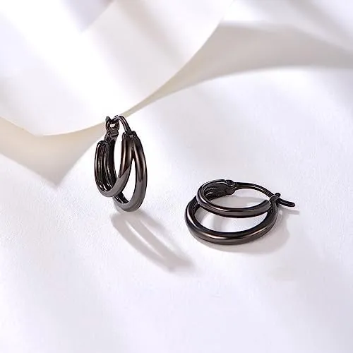 PHNIBIRD Orecchini Cerchio Uomo con Asimmetrici Semplice Cerchio Unisex Nero Orecchini per Adatto Per l'uso Quotidiano - immagine 4