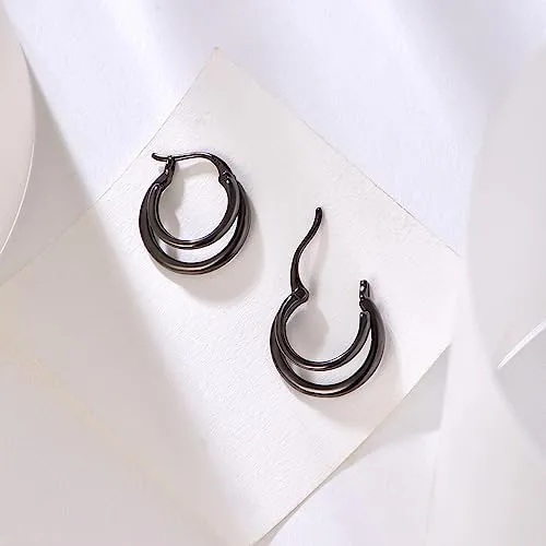 PHNIBIRD Orecchini Cerchio Uomo con Asimmetrici Semplice Cerchio Unisex Nero Orecchini per Adatto Per l'uso Quotidiano - immagine 5