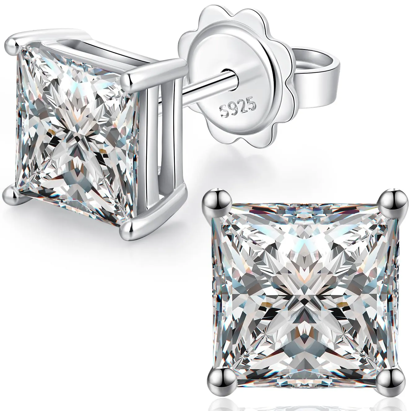Orecchini Uomo Diamante Oro Bianco e Argento - Brillanti Quadrati 7mm - immagine 1
