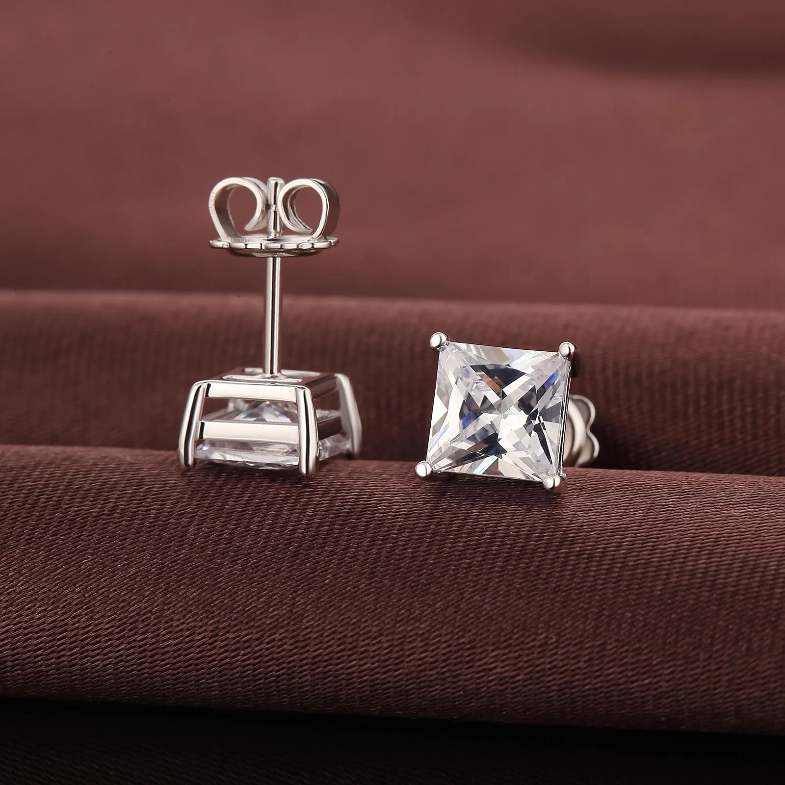 Orecchini Uomo Diamante Oro Bianco e Argento - Brillanti Quadrati 7mm - immagine 5