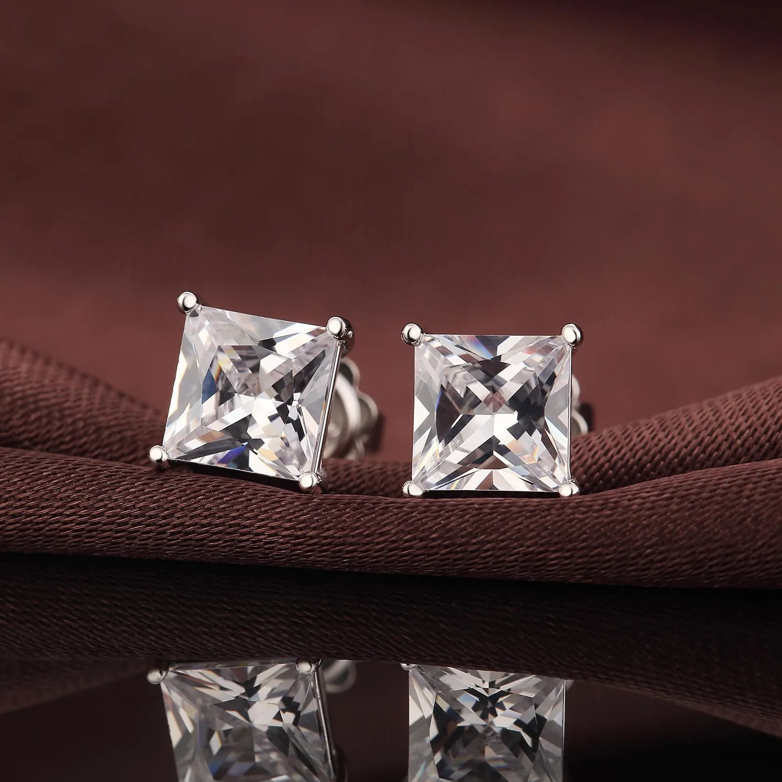 Orecchini Uomo Diamante Oro Bianco e Argento - Brillanti Quadrati 7mm - immagine 6