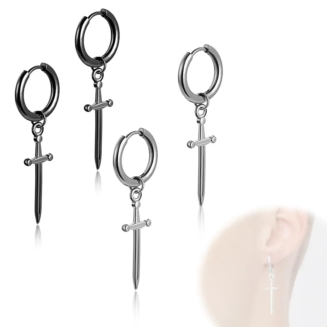 XENQITO 2 Paia Acciaio Chirurgico Orecchini per Uomo Donna Orecchini a Cerchio Pendente Croce Orecchini Pendenti con Croce Piercing Cartilage Orecchini Set Punk Orecchino per Uomo e Donna - immagine 1