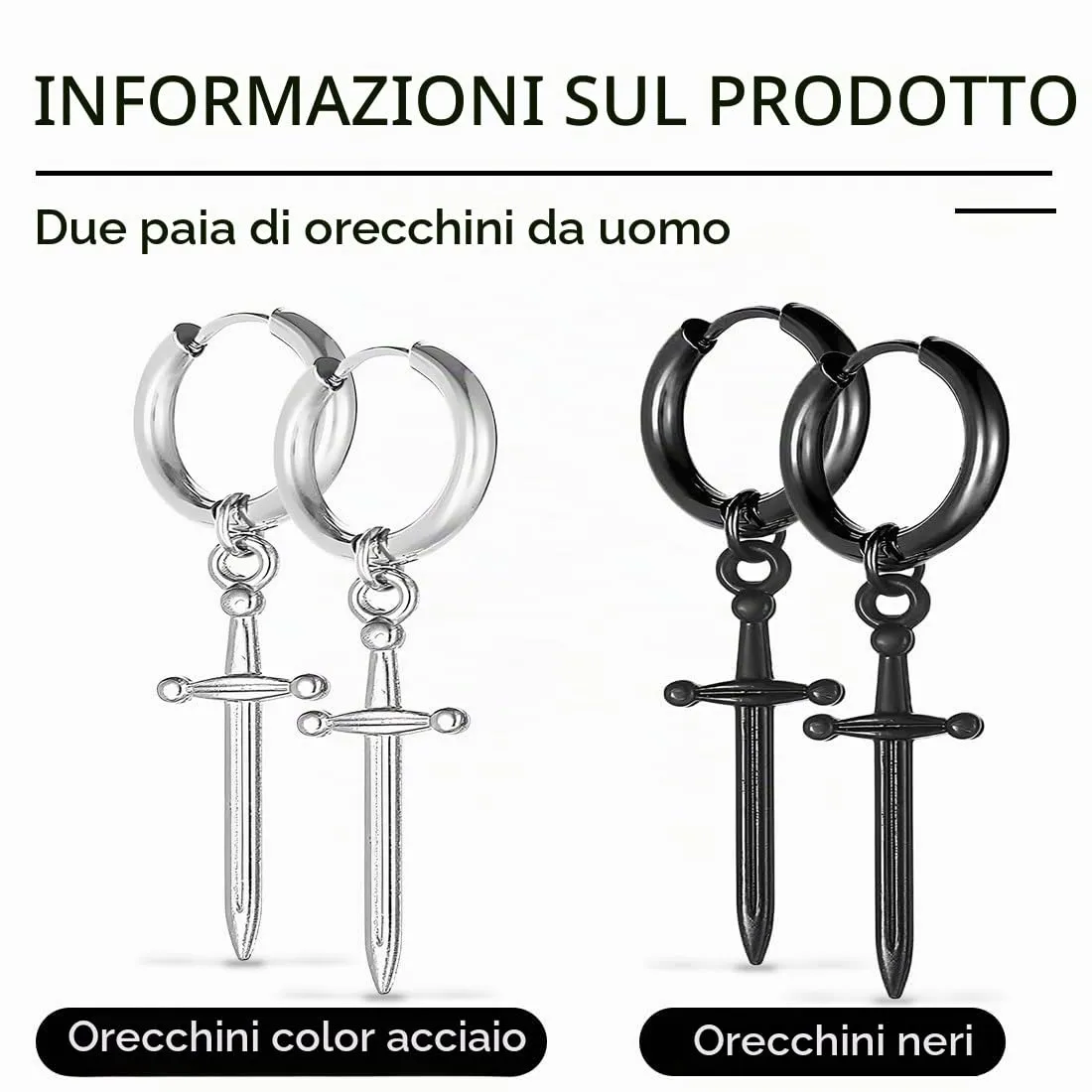 XENQITO 2 Paia Acciaio Chirurgico Orecchini per Uomo Donna Orecchini a Cerchio Pendente Croce Orecchini Pendenti con Croce Piercing Cartilage Orecchini Set Punk Orecchino per Uomo e Donna - immagine 2